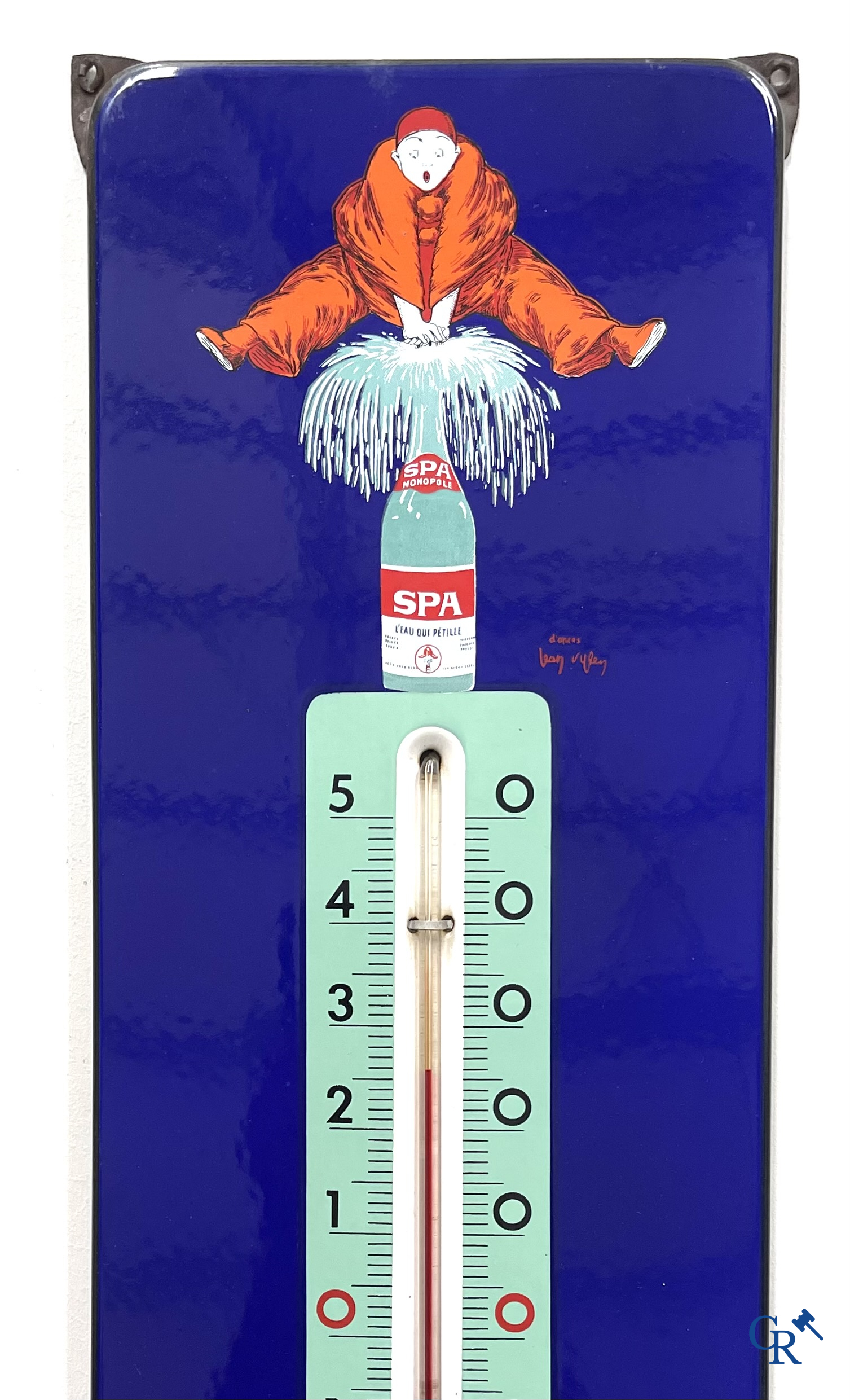 Spa, een emaille publiciteits thermometer met een voorstelling van "Pierrot". Emaillerie Belge 1963.