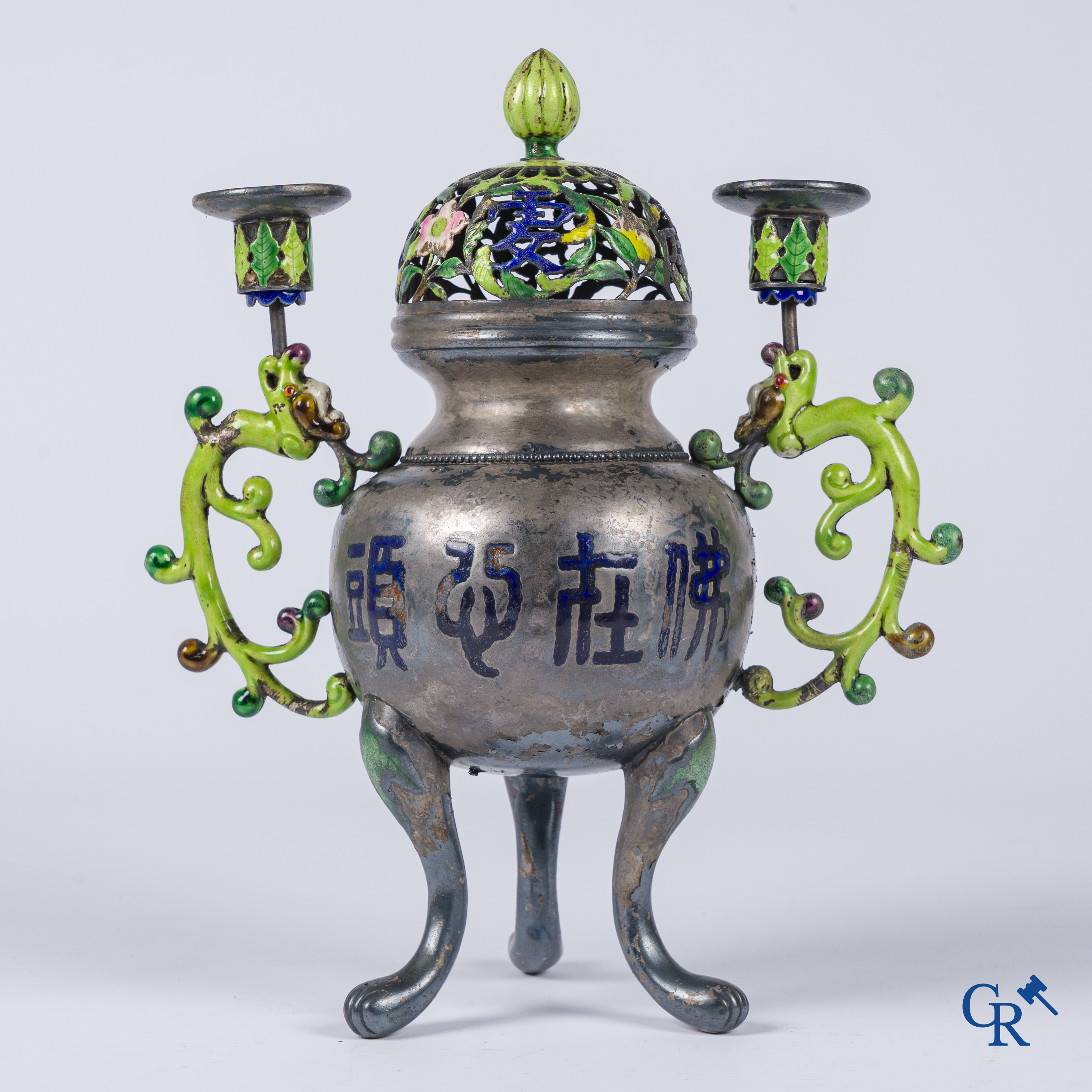 Asian Art, a Chinese silver and enamelled incense burner with candle holders. Marked. 18th-19th century.