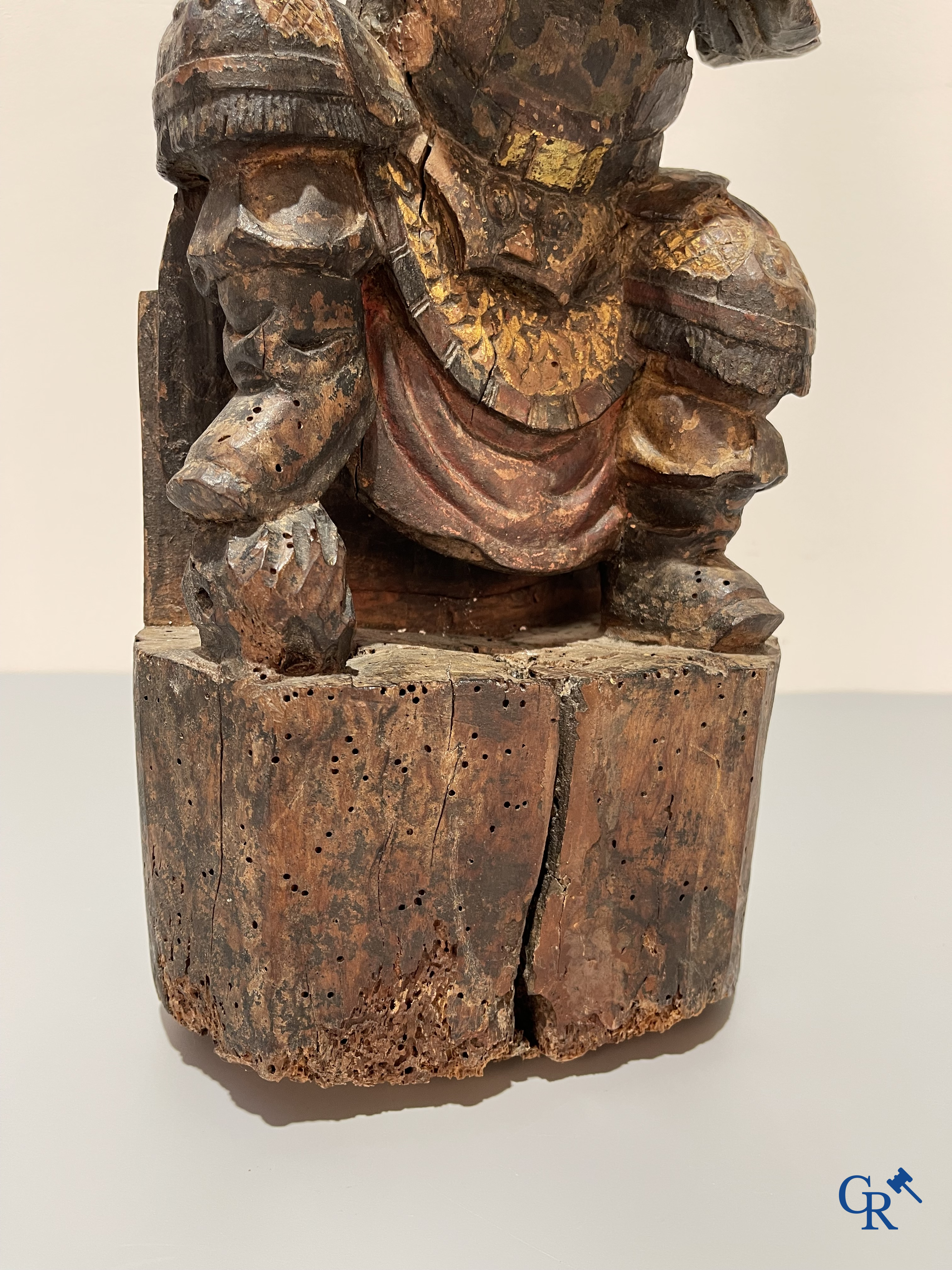 Asian Art, A Chinese antique wood sculpted and polychrome representation of a warrior.