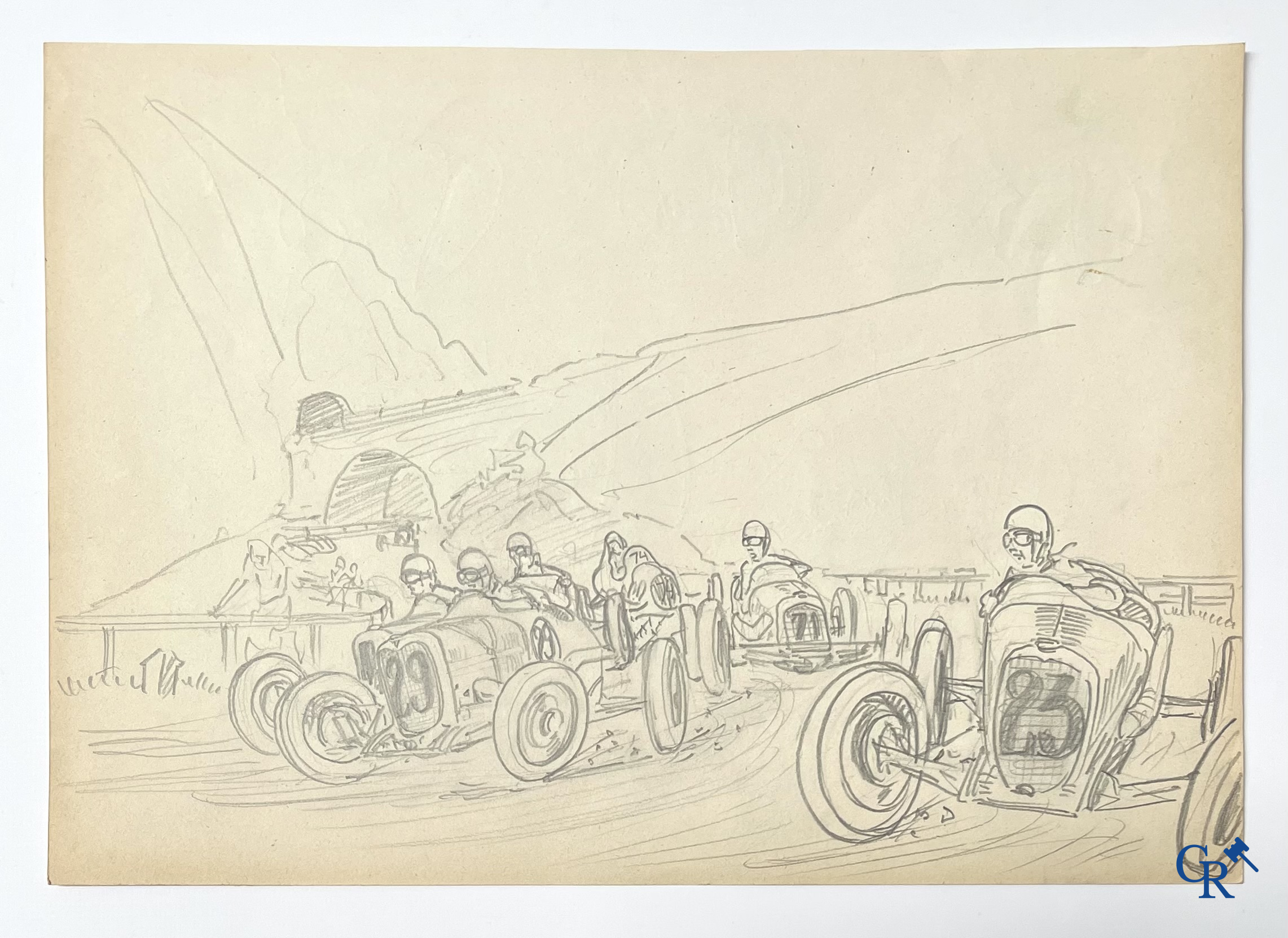 Géo Ham (Georges Hamel 1900-1972), "La Course Automobile" Schets, potlood op papier. Jaren '30.