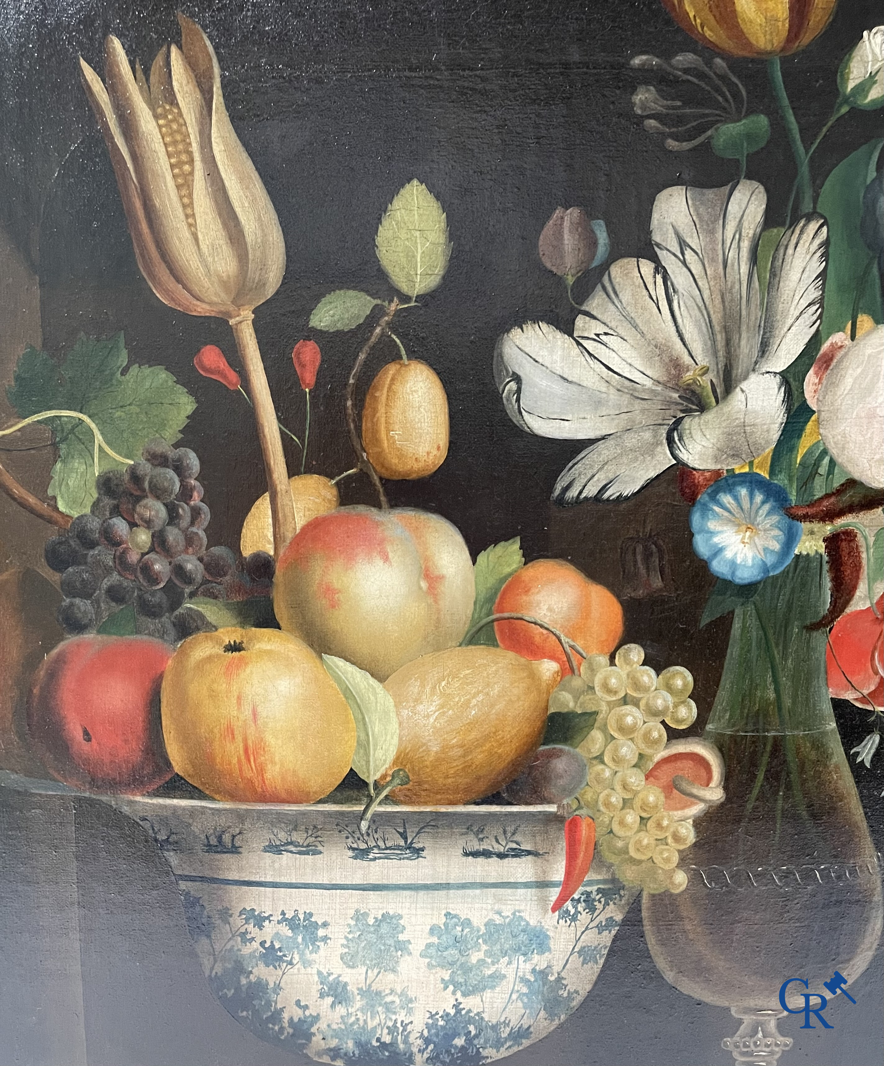 Painting, Oil on canvas. A still life with flowers and fruit. 19th century.
