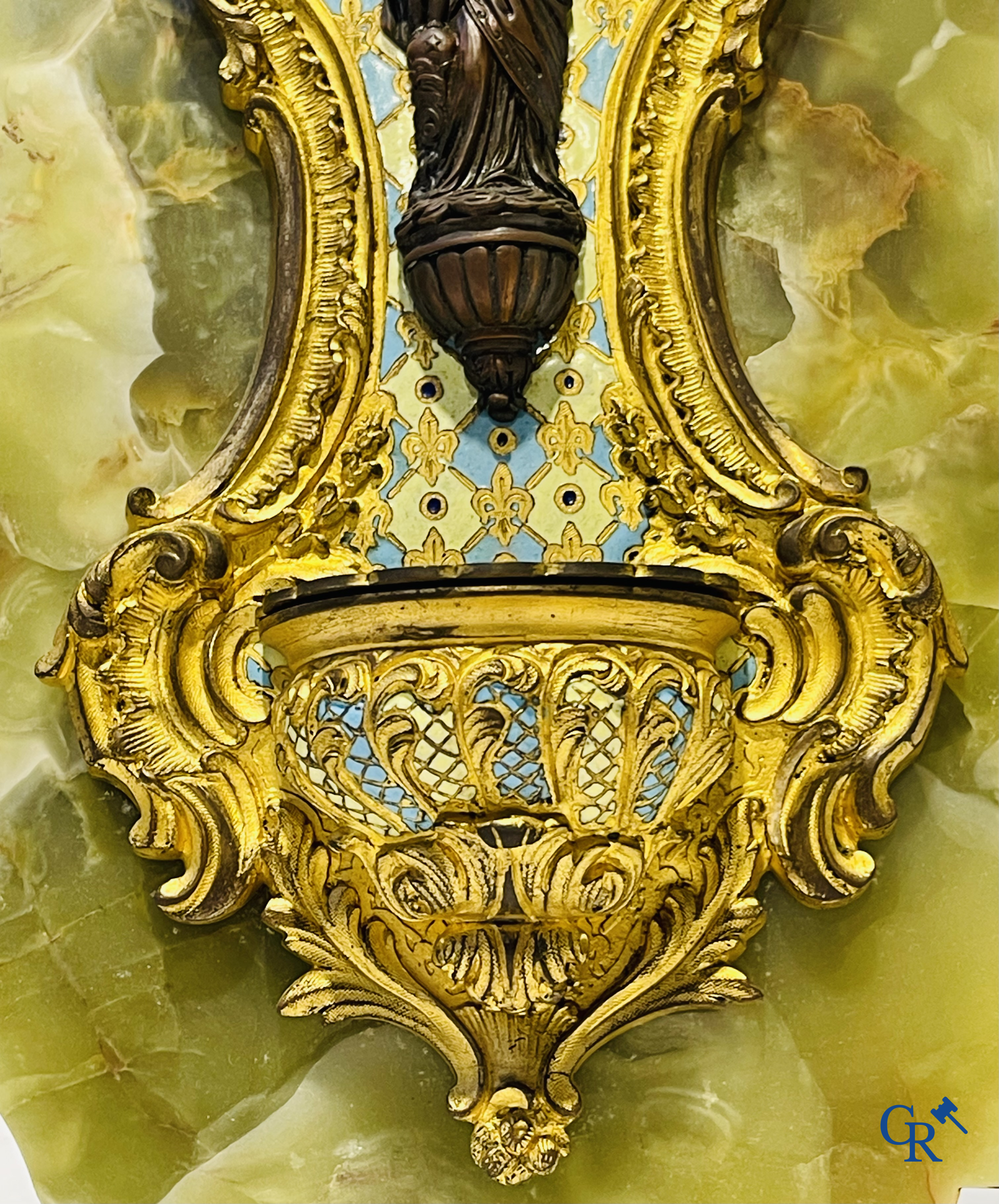 Religious objects, 2 holy water vessels in bronze and cloisonné and an alabaster statue of the sacred heart. 19th century.