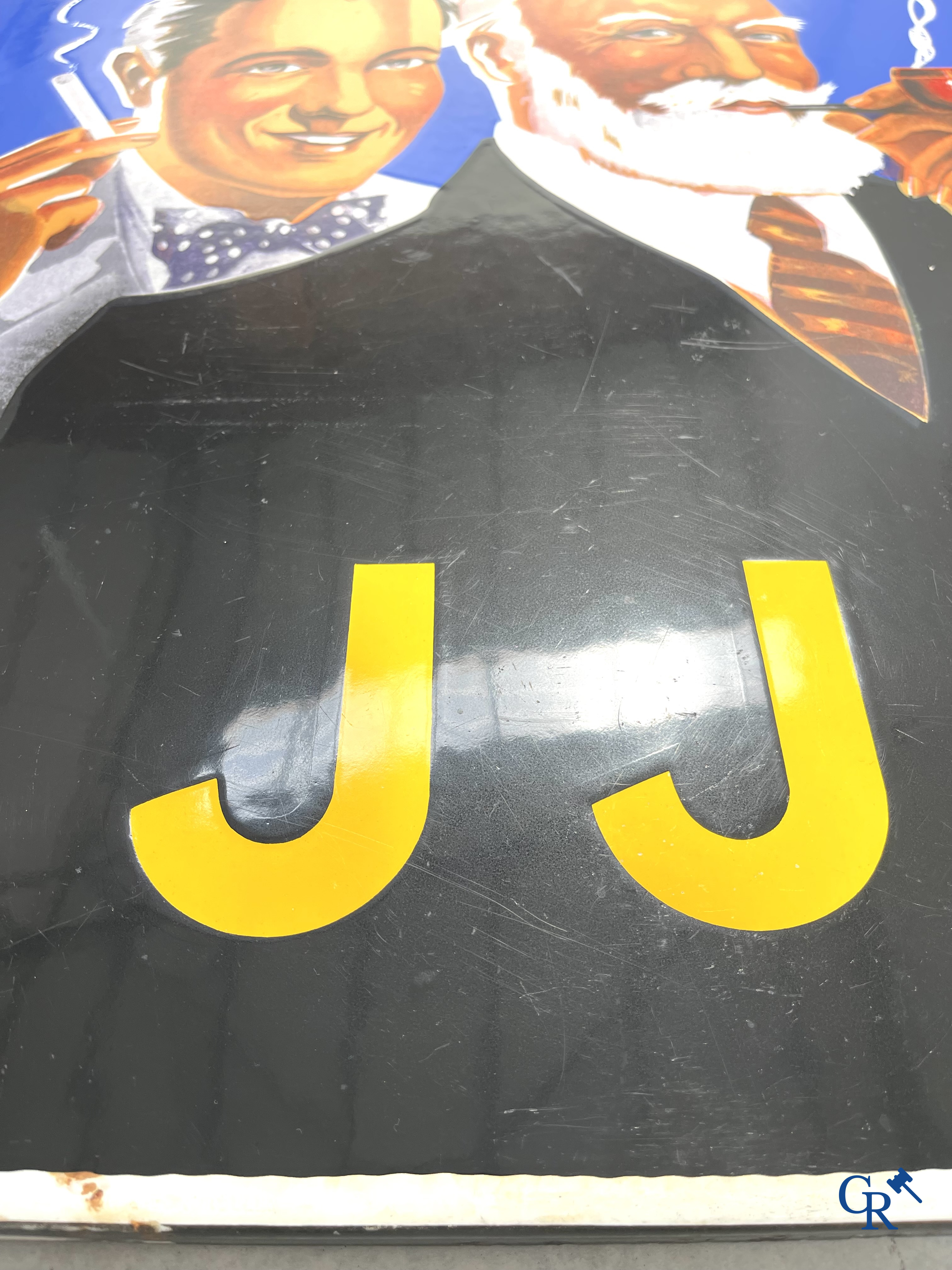 AJJA, Enamel advertising sign for AJJA tobacco products. Emaillerie Odon Warland. T.P. Bruxelles 1952.