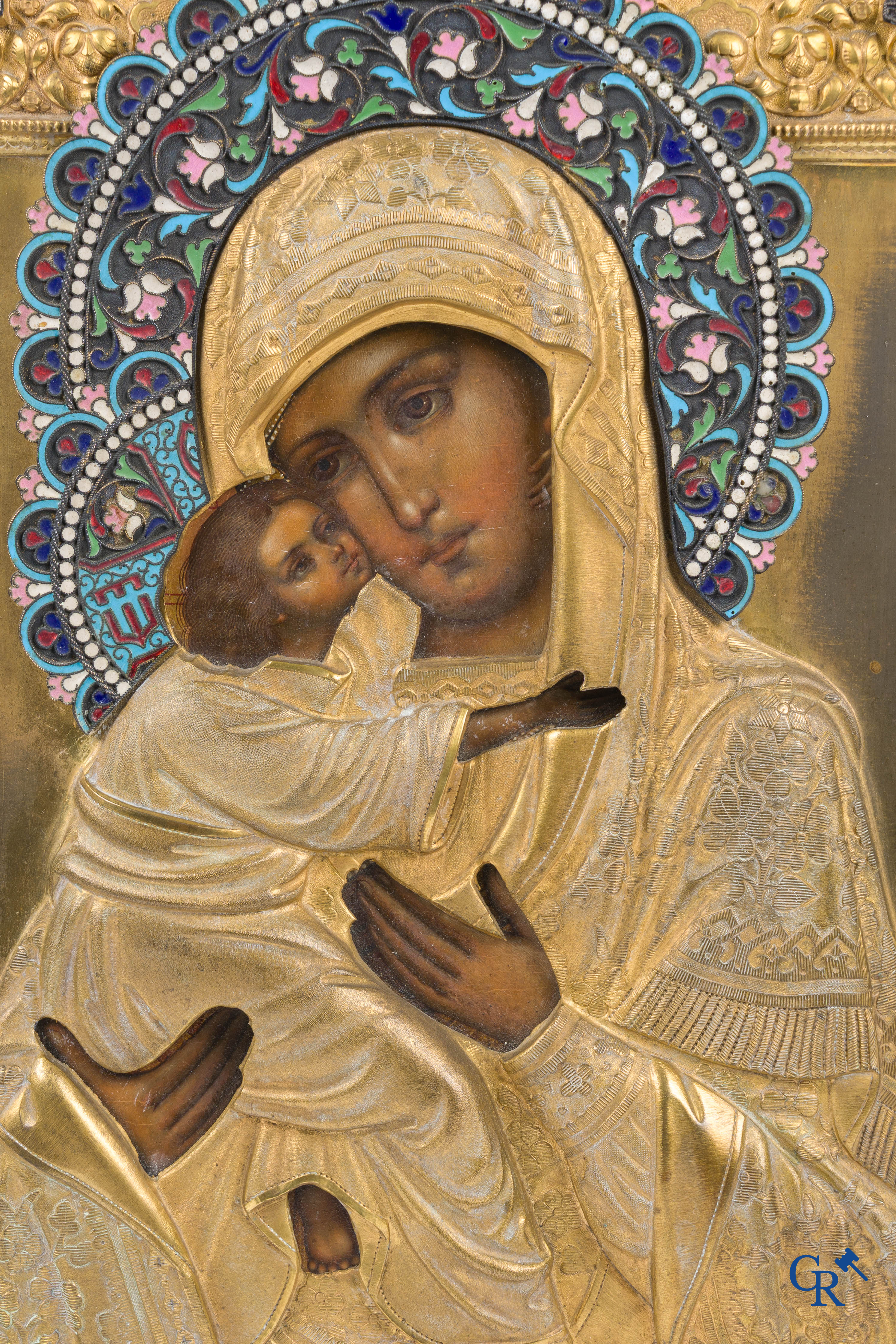 Russian work. Mother of God of Vladimir. Large icon decorated with cloisonné enamel.
