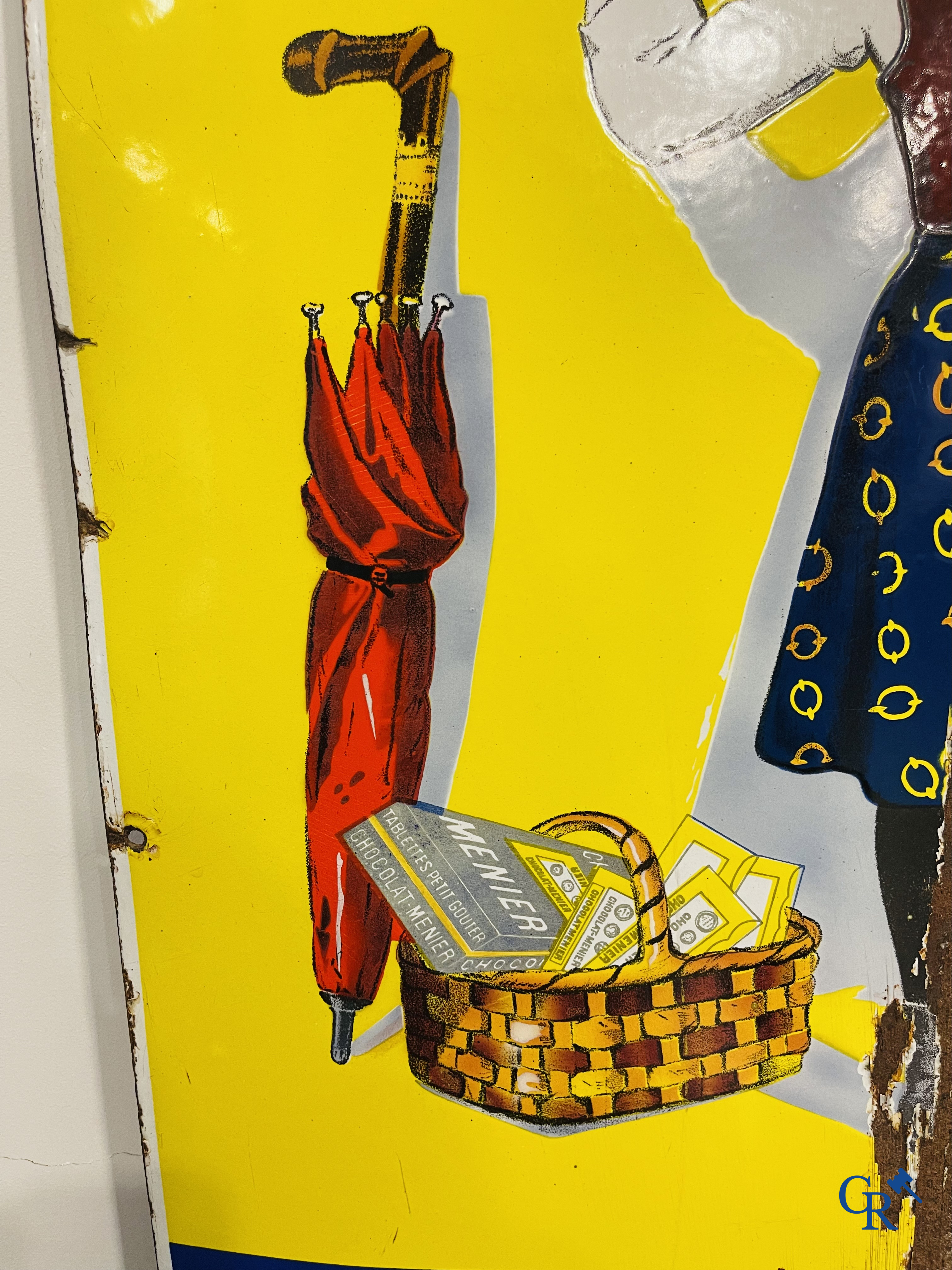 Chocolat Menier, "éviter les contrefaçons", emaille reclamebord naar een ontwerp van Firmin Bouisset.