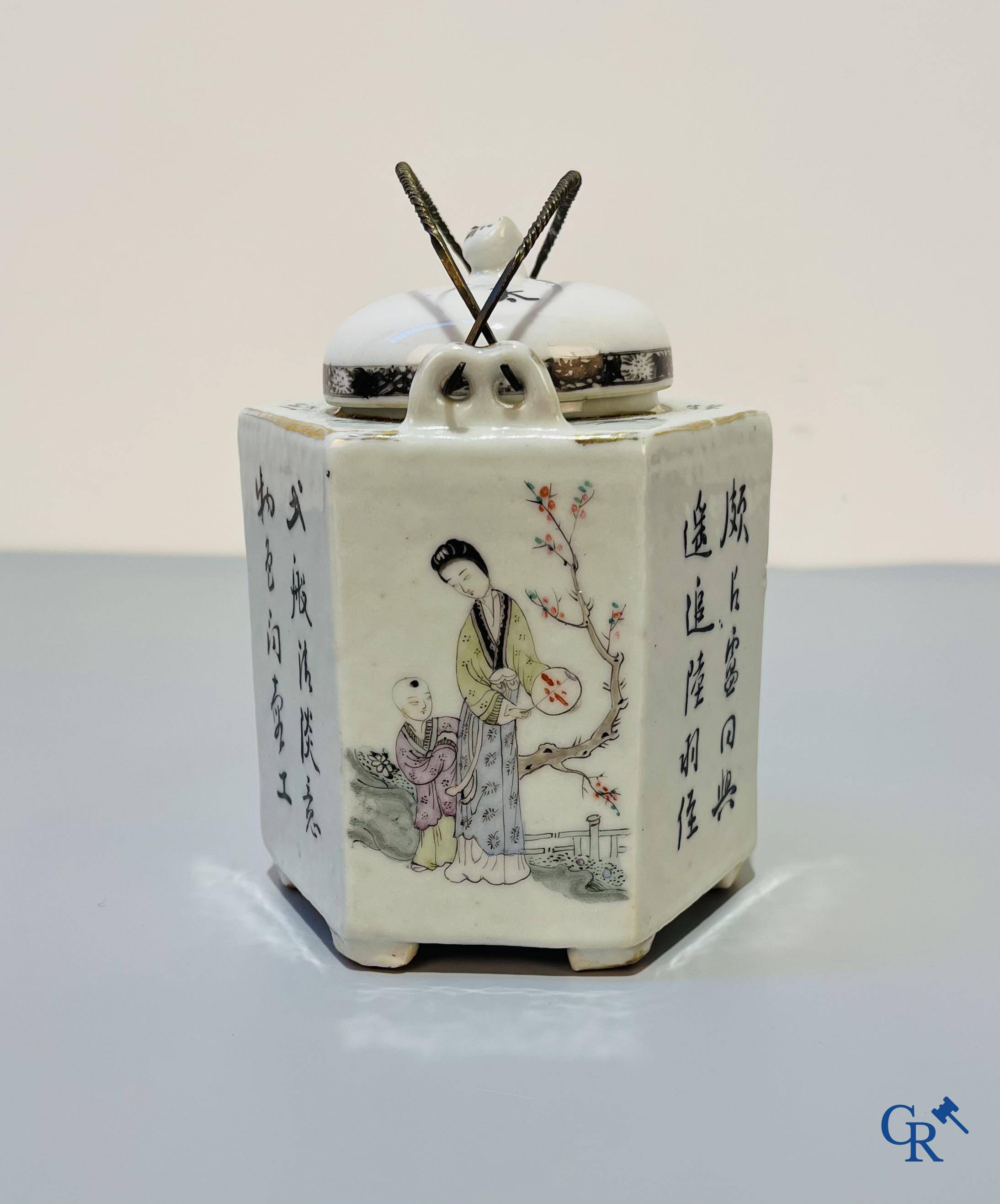 Asian Art, Chinese porcelain, a hexagonal Chinese teapot. Marked.