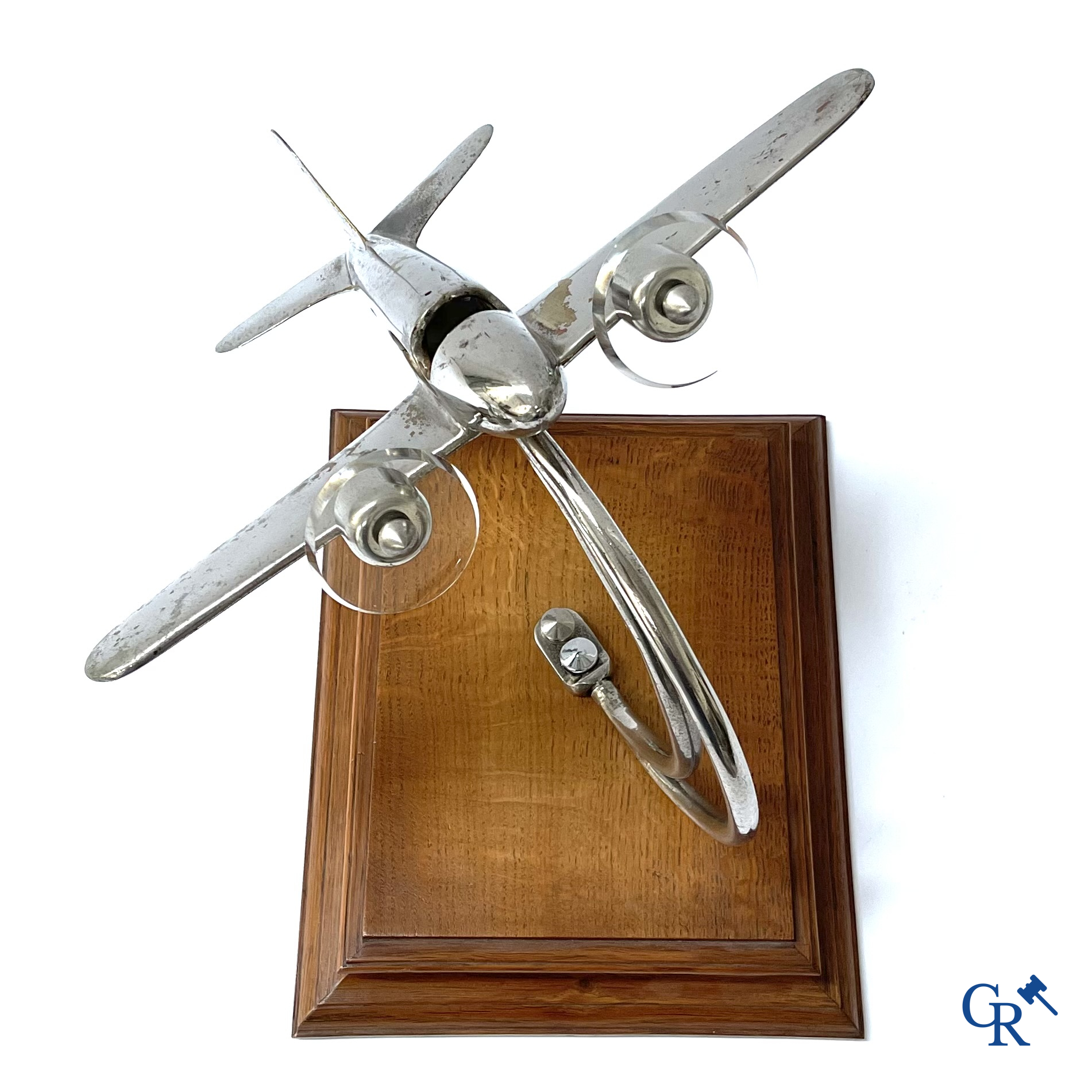 Art Deco, a large model of an aircraft taking off in chrome-plated bronze and glass propellers. 1930's.
