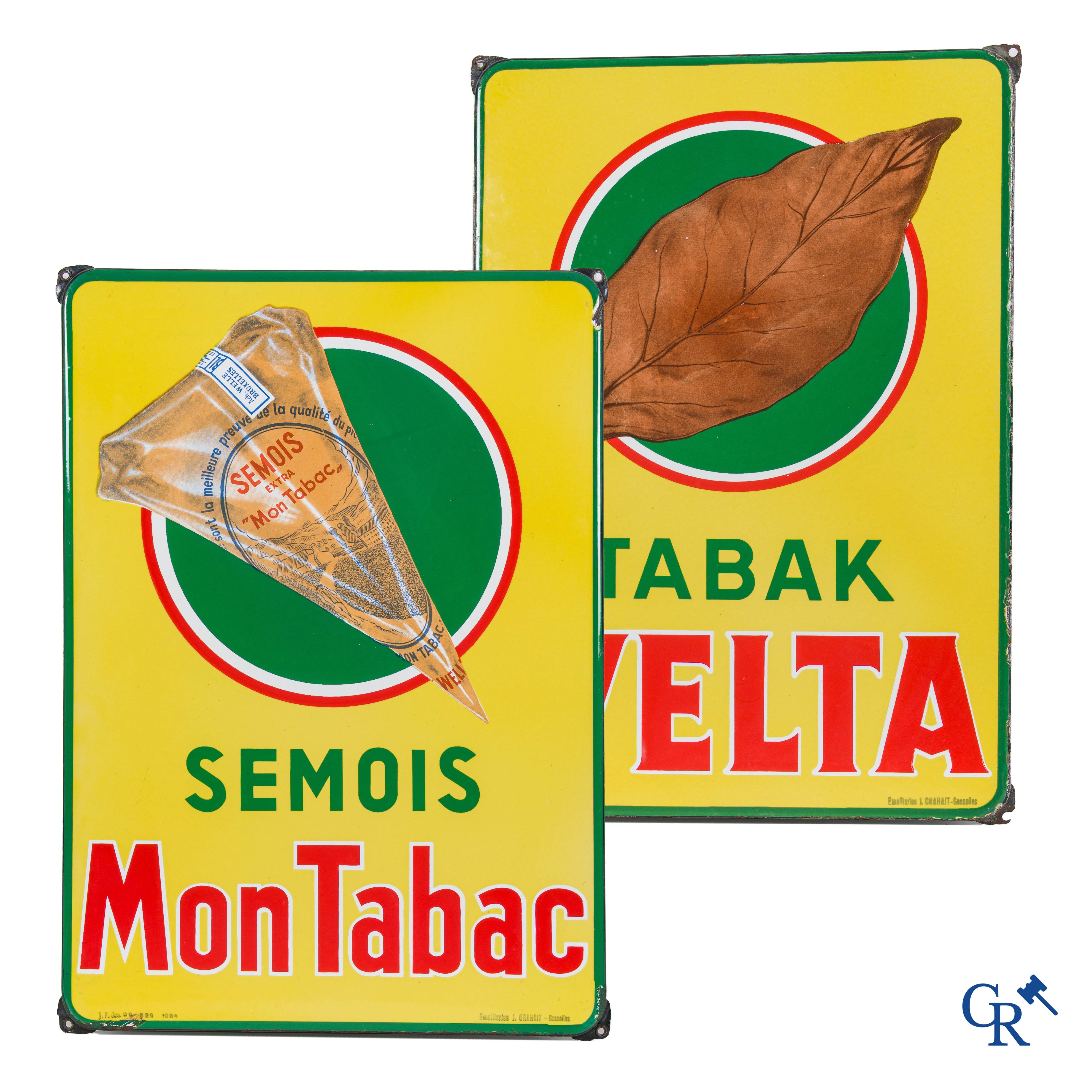 Semois Mon Tabac, Tabak Welta. A pair of enamel advertising signs for Achille Welle tobacco products. 1954.