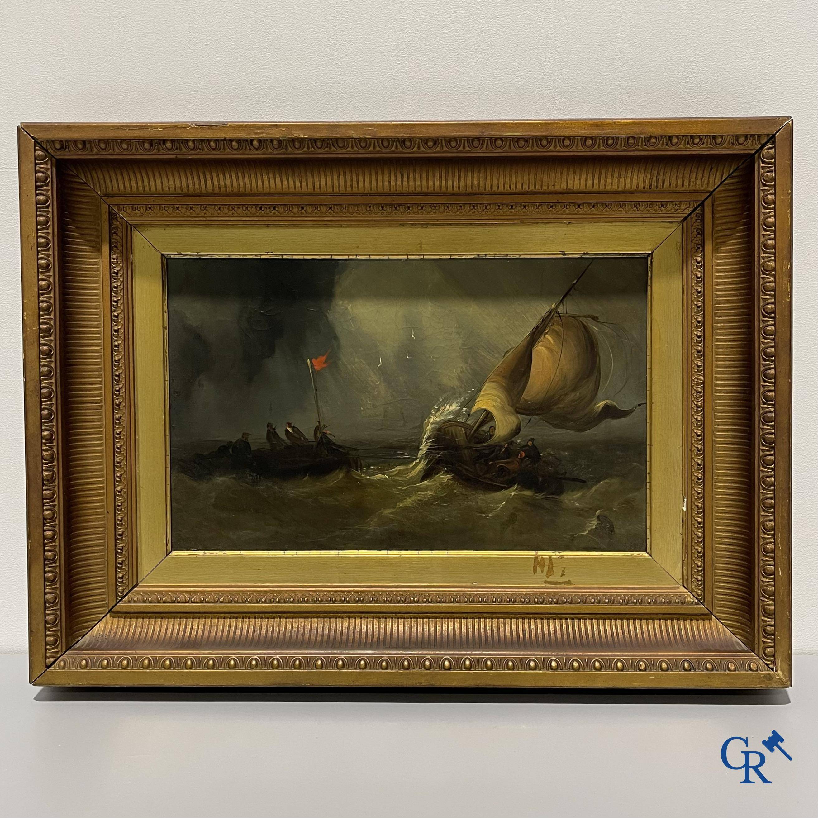 Peinture marine dans le gout de Musin, XIXème siècle. Huile sur toile marouflé sur panneau.