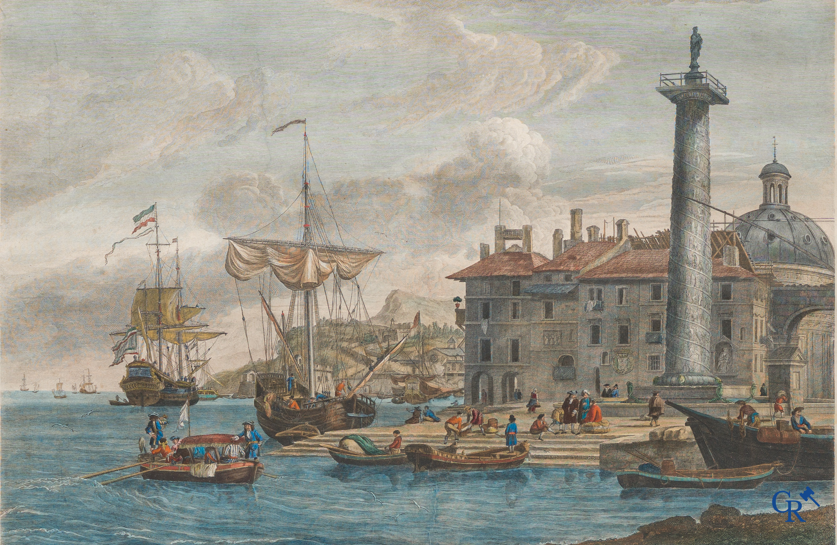 Vue de la Couronne Trajanne et l'Eglise Ste Marie à Rome. Gravure colorée. Avril & Storck.