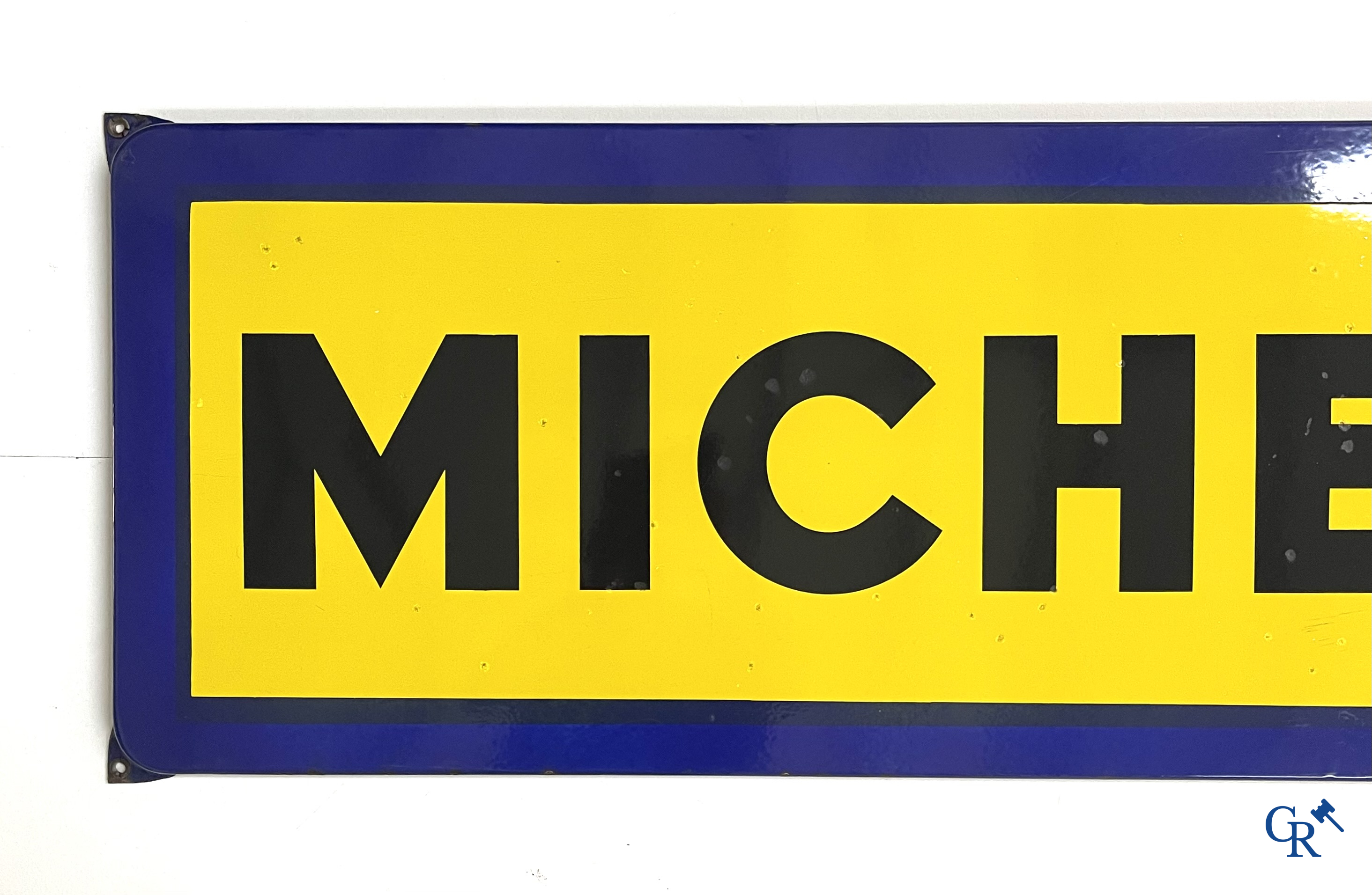 Michelin, large enamel advertising sign with yellow and blue background for Michelin tyres. Emaillerie Belge, 1958.