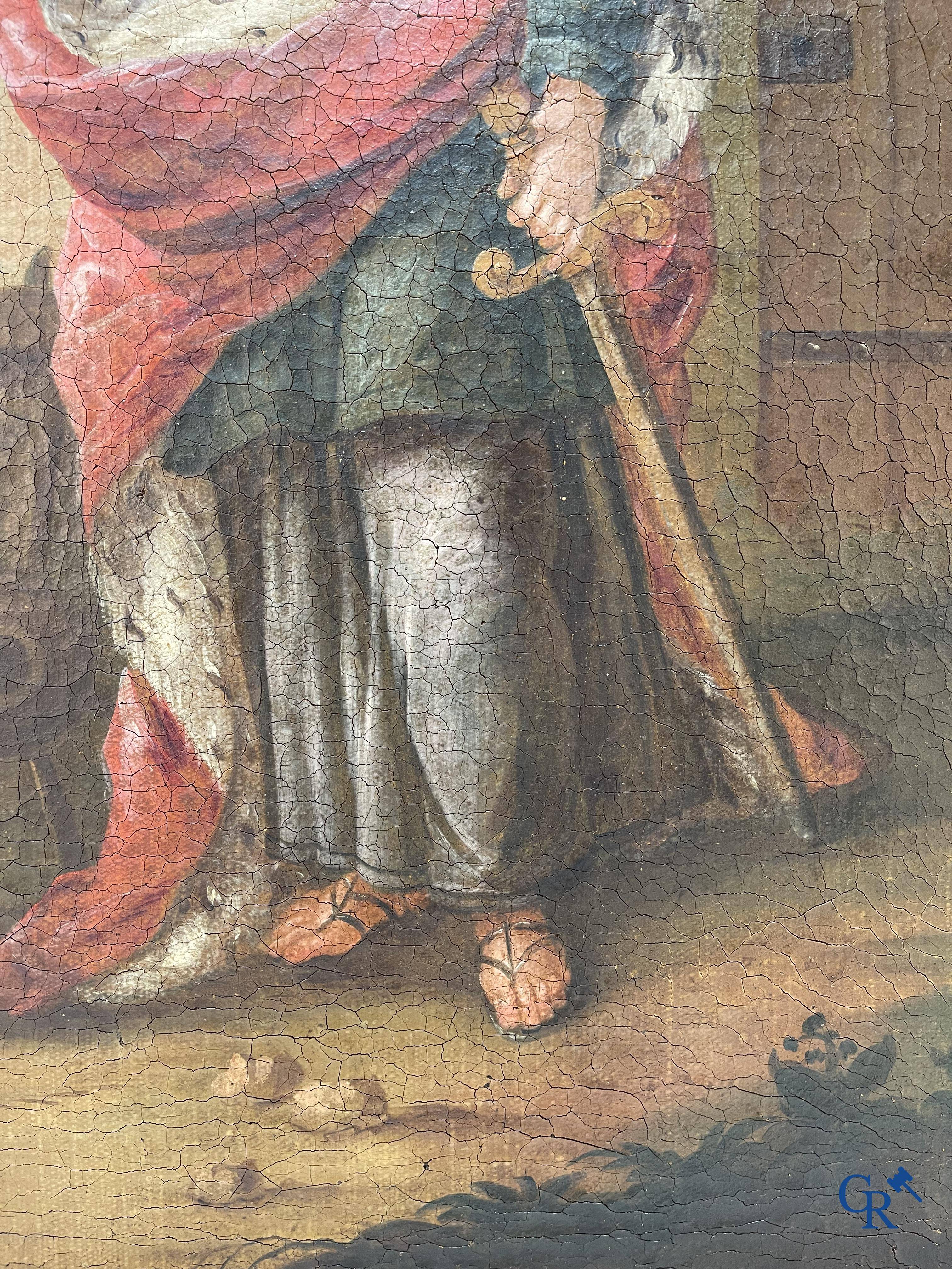 Religious painting, beautiful representation of Catherine of Alexandria at a tower. Early 18th century.