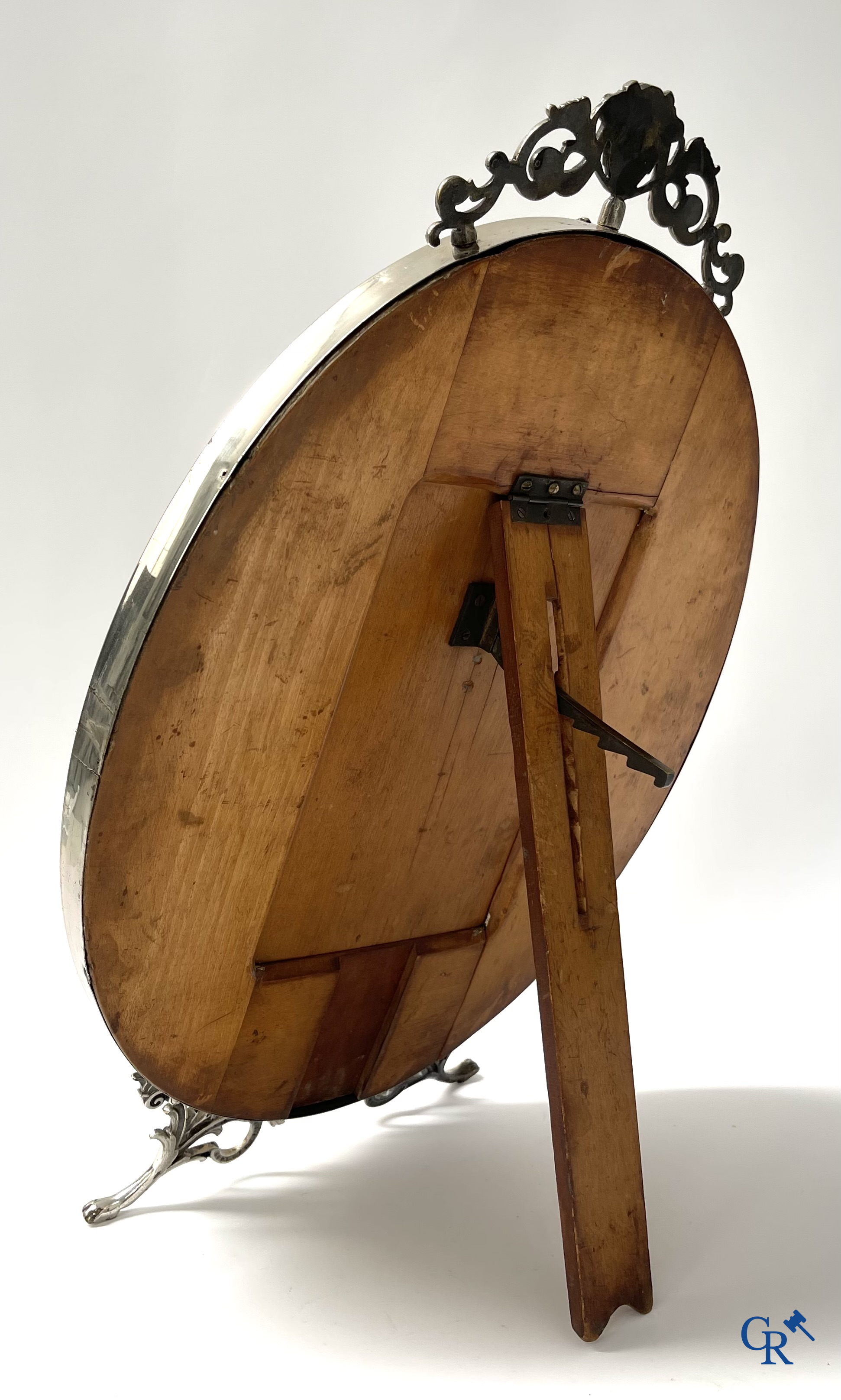 A seven-piece toilet set in silver-plated metal, finely cut crystal and enamelled plaques.