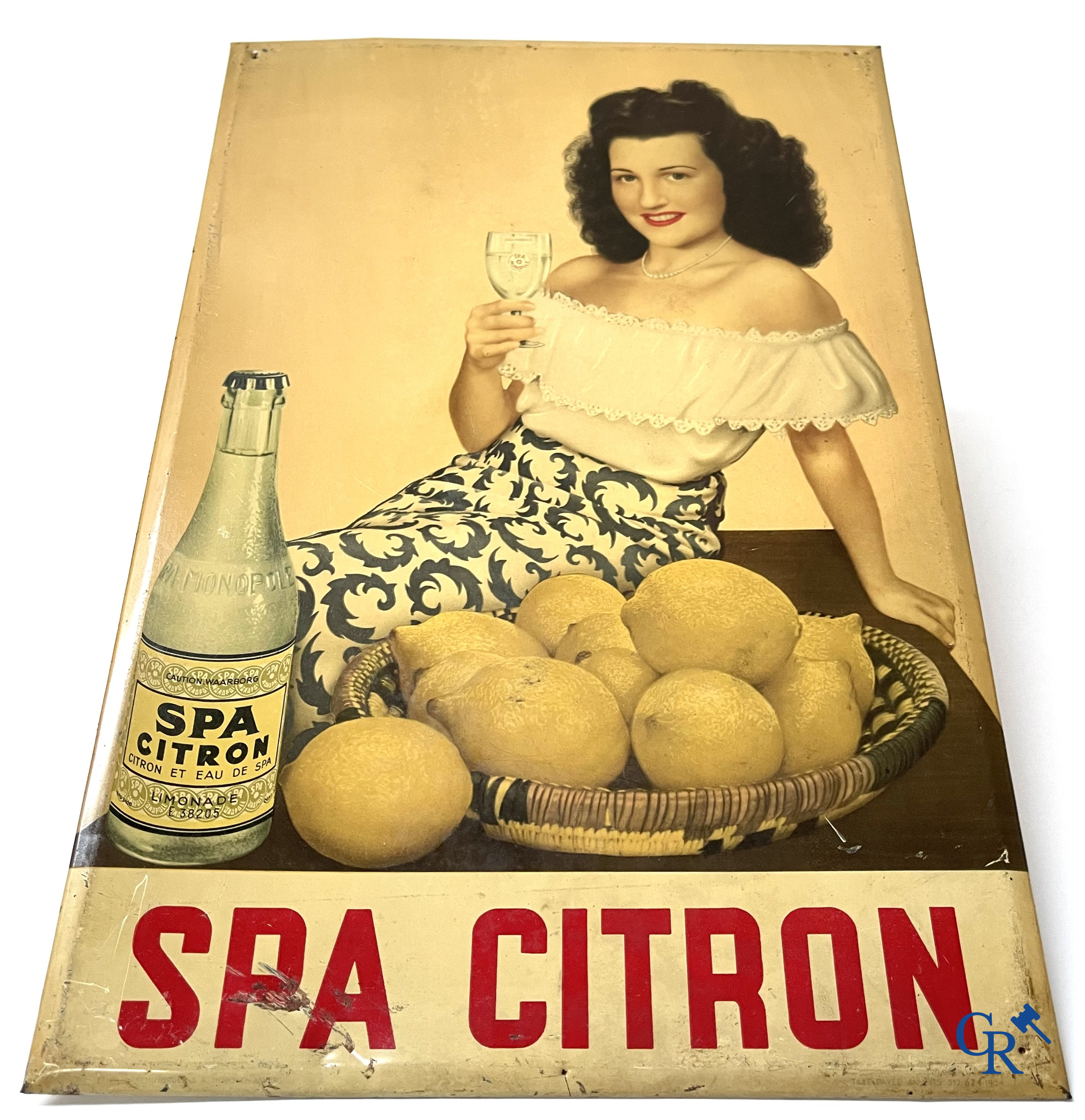 Spa, a publicity printed on metal for Spa Citron and a lithograph on cardboard for Spa Orangina. 1950's.