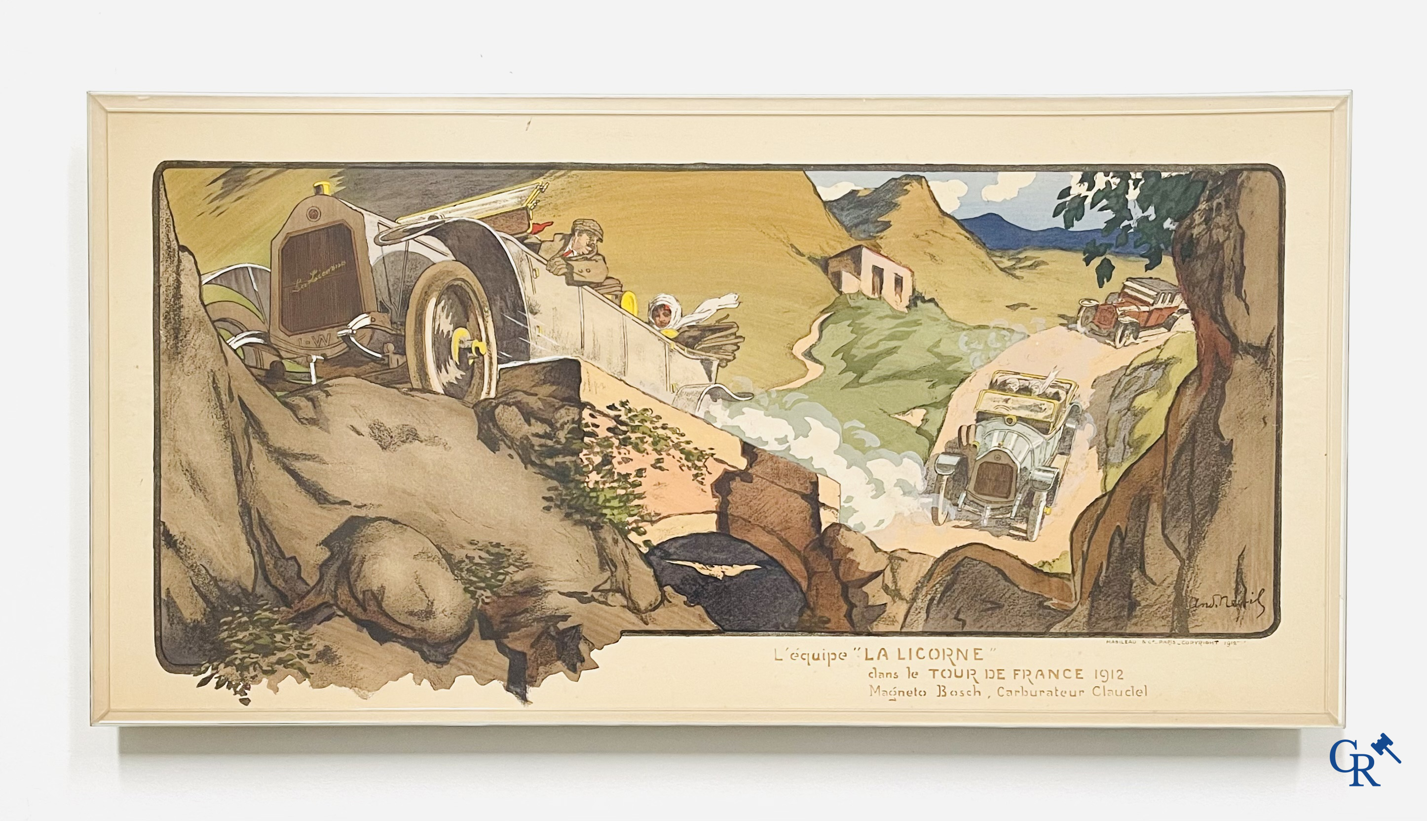 André Nevil, L'équipe "La Licorne" dans le Tour De France 1912. Colour lithography. Mabileau & Comp. Paris 1912.