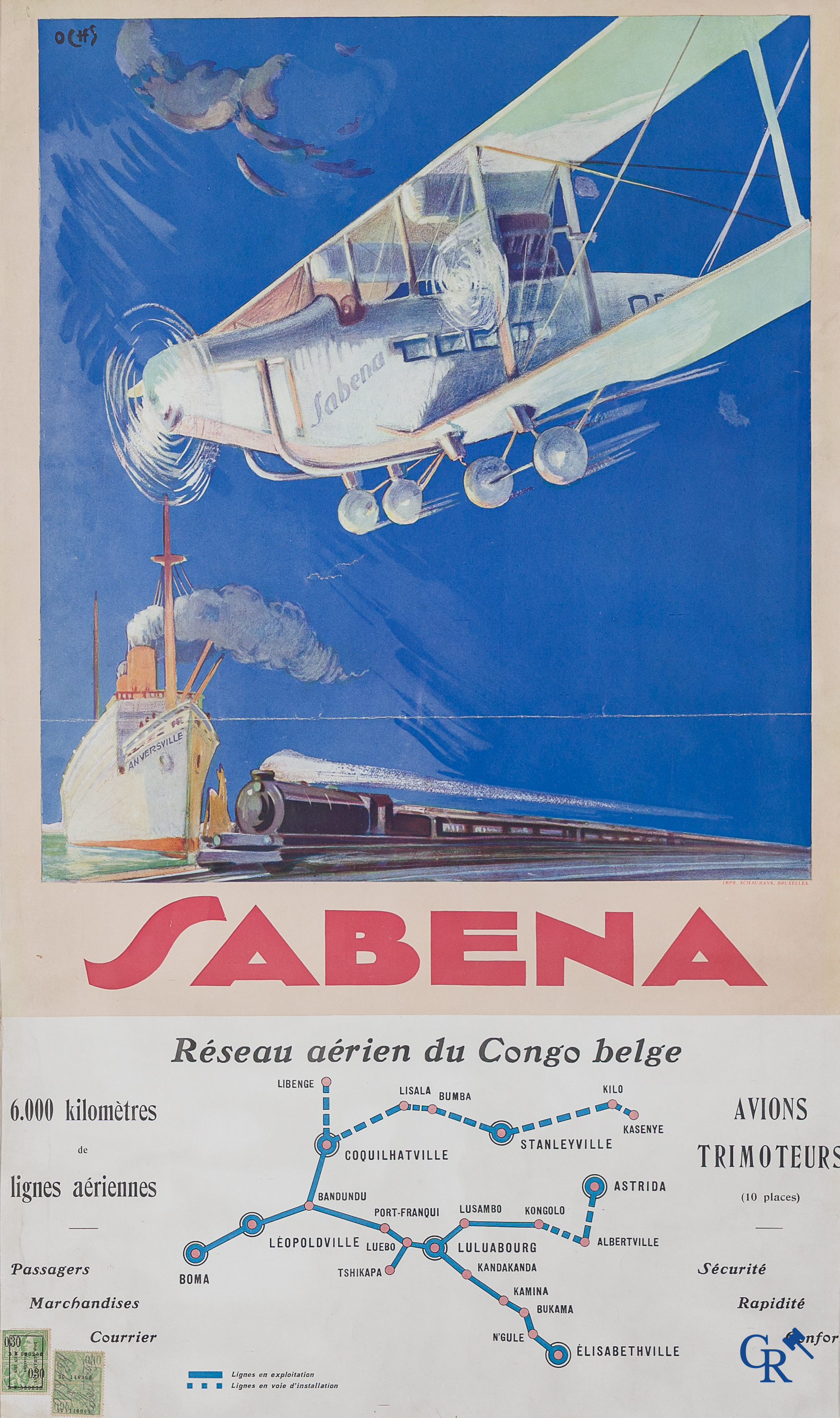 Jacques Ochs (1883-1971) Rare publicity poster for Sabena, Réseau aérien du Congo Belge. Schaumans, 1929.