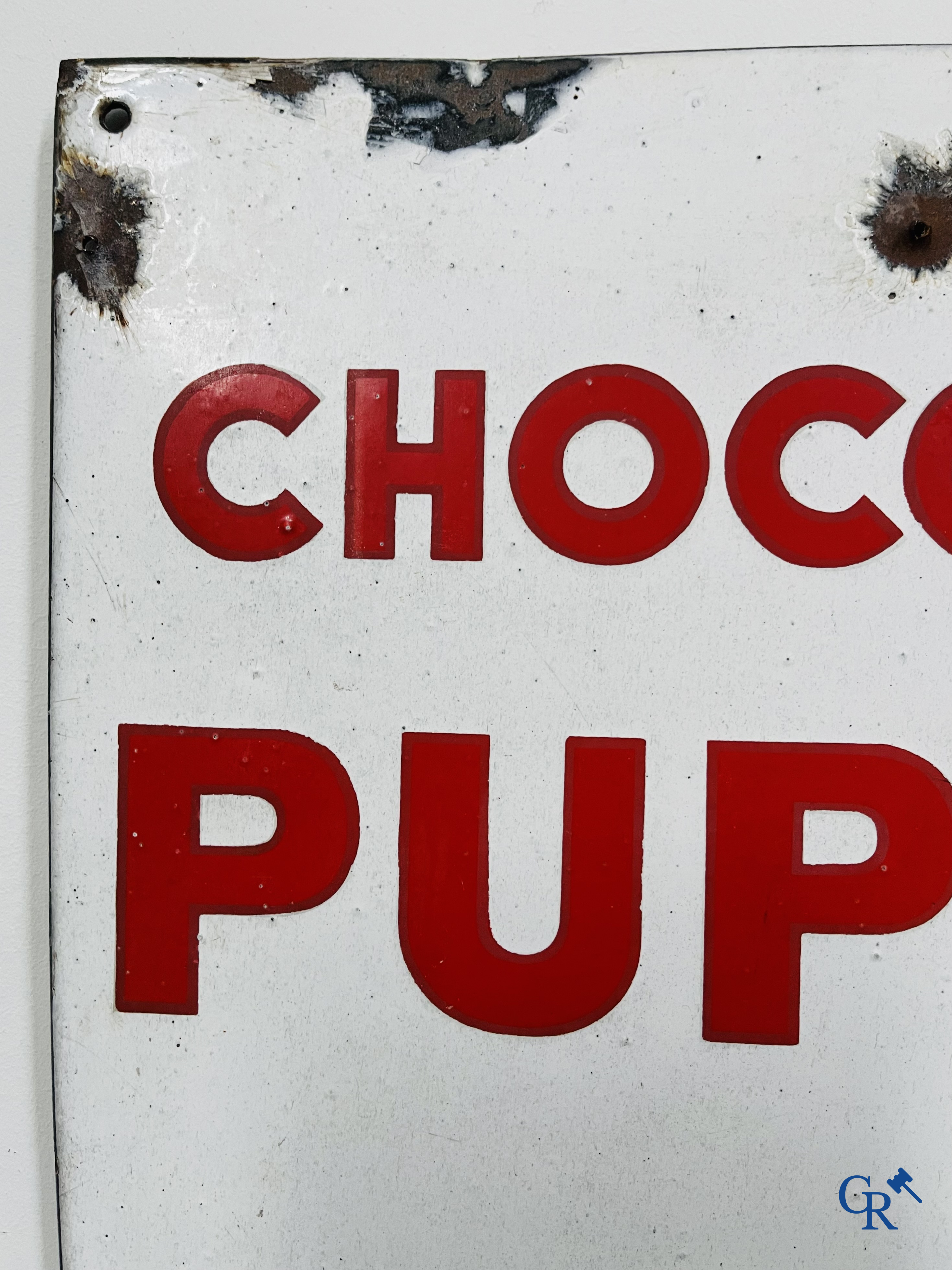 Chocolat Pupier, Enamel Advertising sign illustrated with the character designed by Jean D'Ylen. 1930's.