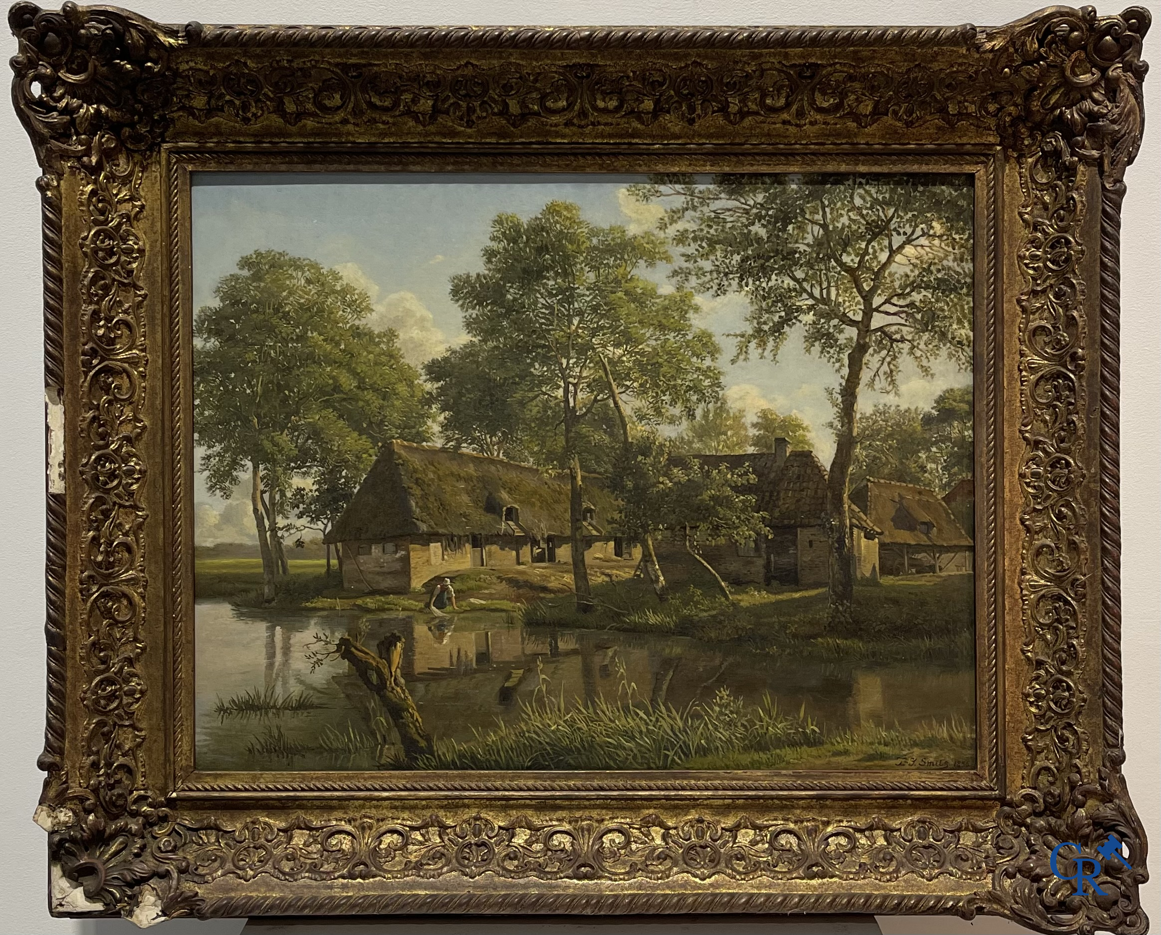 Jan Gerard Smits (1823-1910) Vue d'une ferme. Huile sur panneau. Signée et datée 1856.