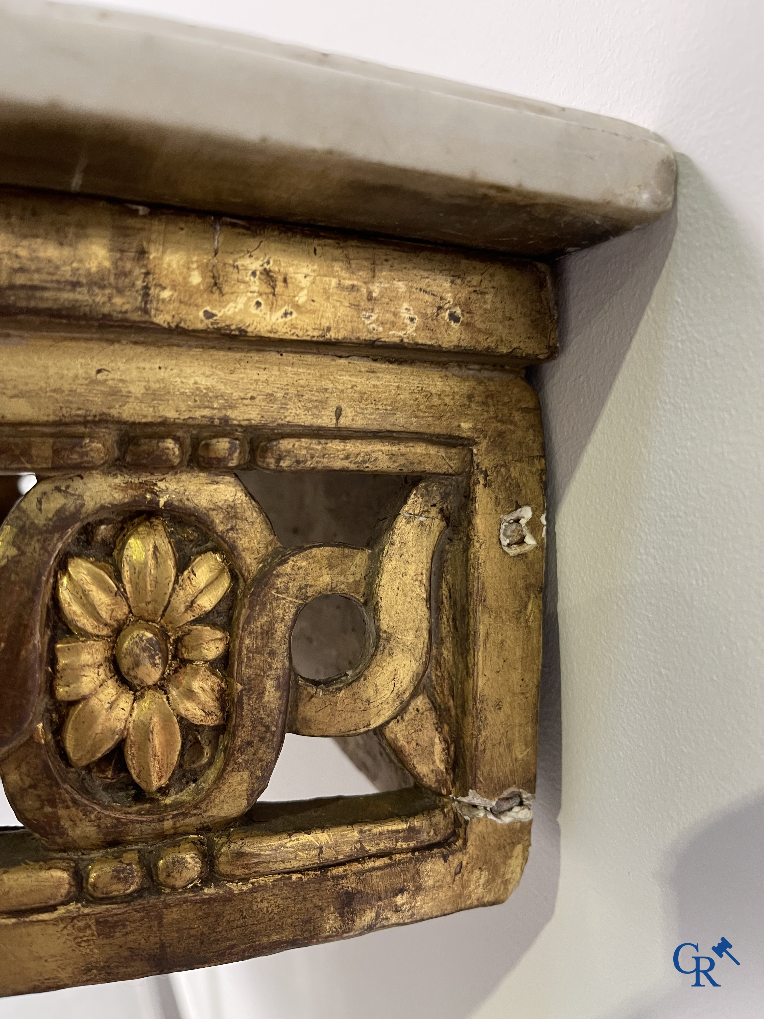 Furniture: Wood sculpted and gilded crescent shaped console. LXVI-period.