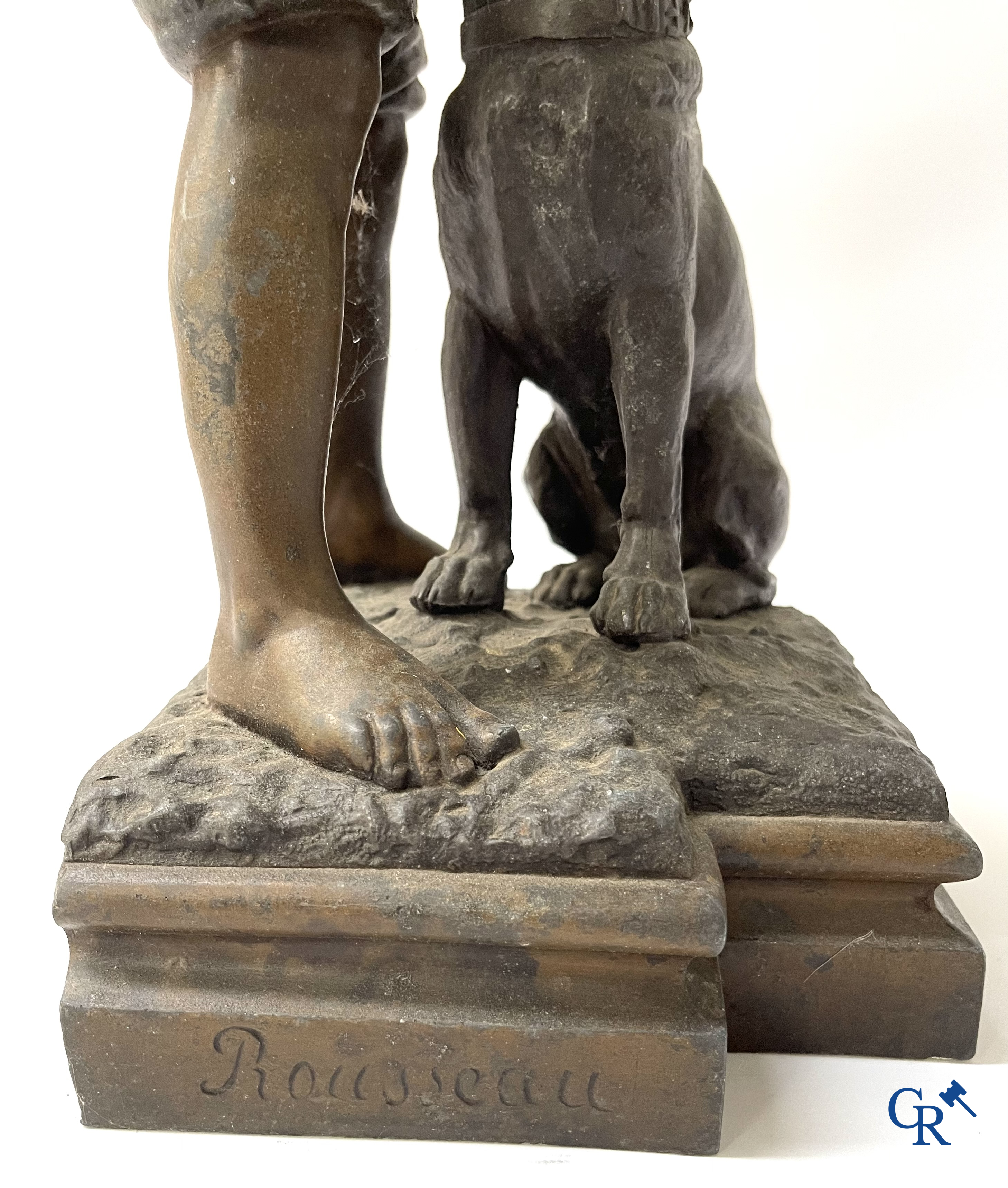 A lot of 3 sculptures in spelter. Anatole Guillot, Emile Bruchon, Rousseau. Circa 1900.