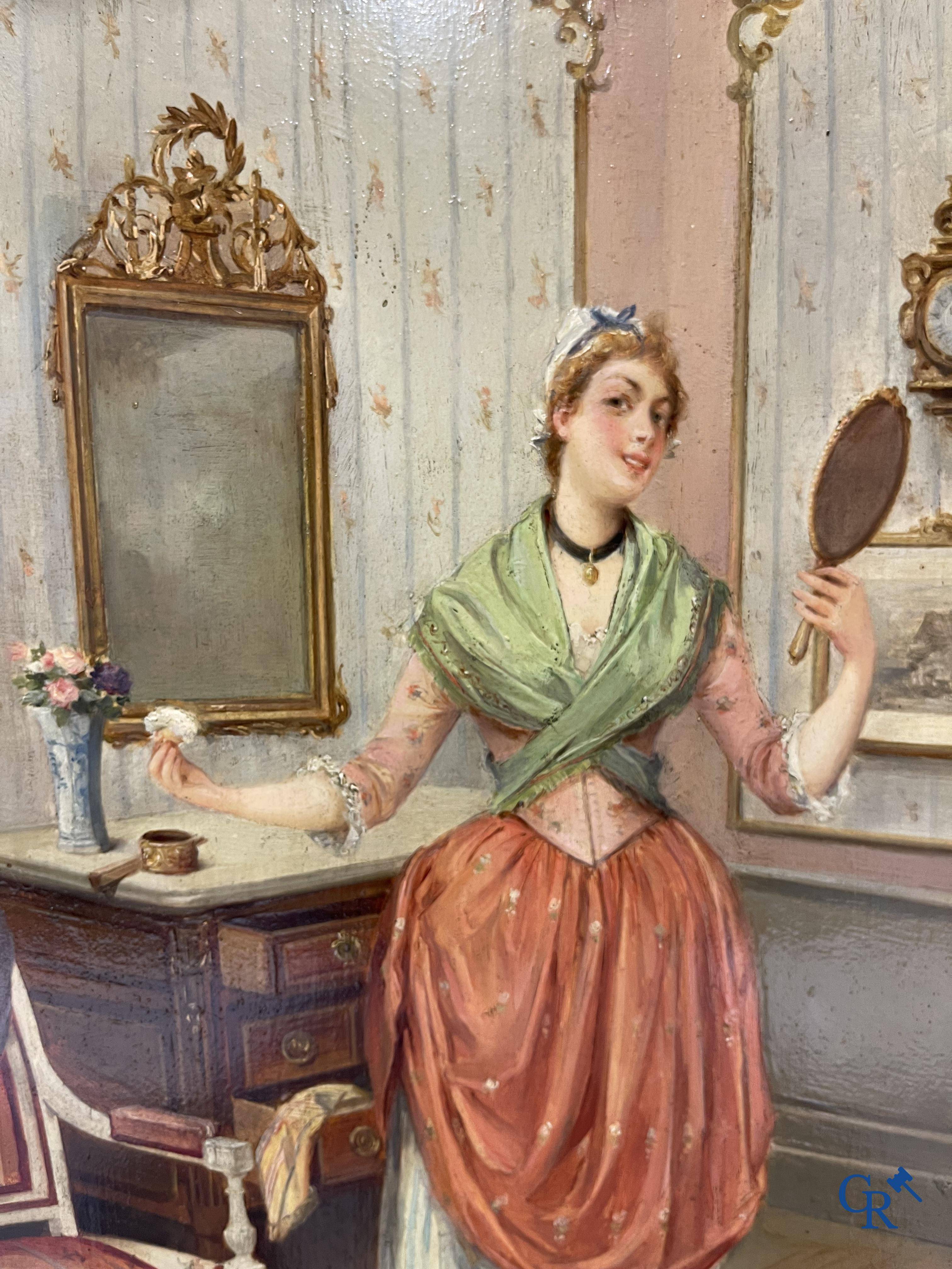 Eugène Benjamin Fichel (1826-1895) Romantic scene with beautiful gilded frame, oil on panel.