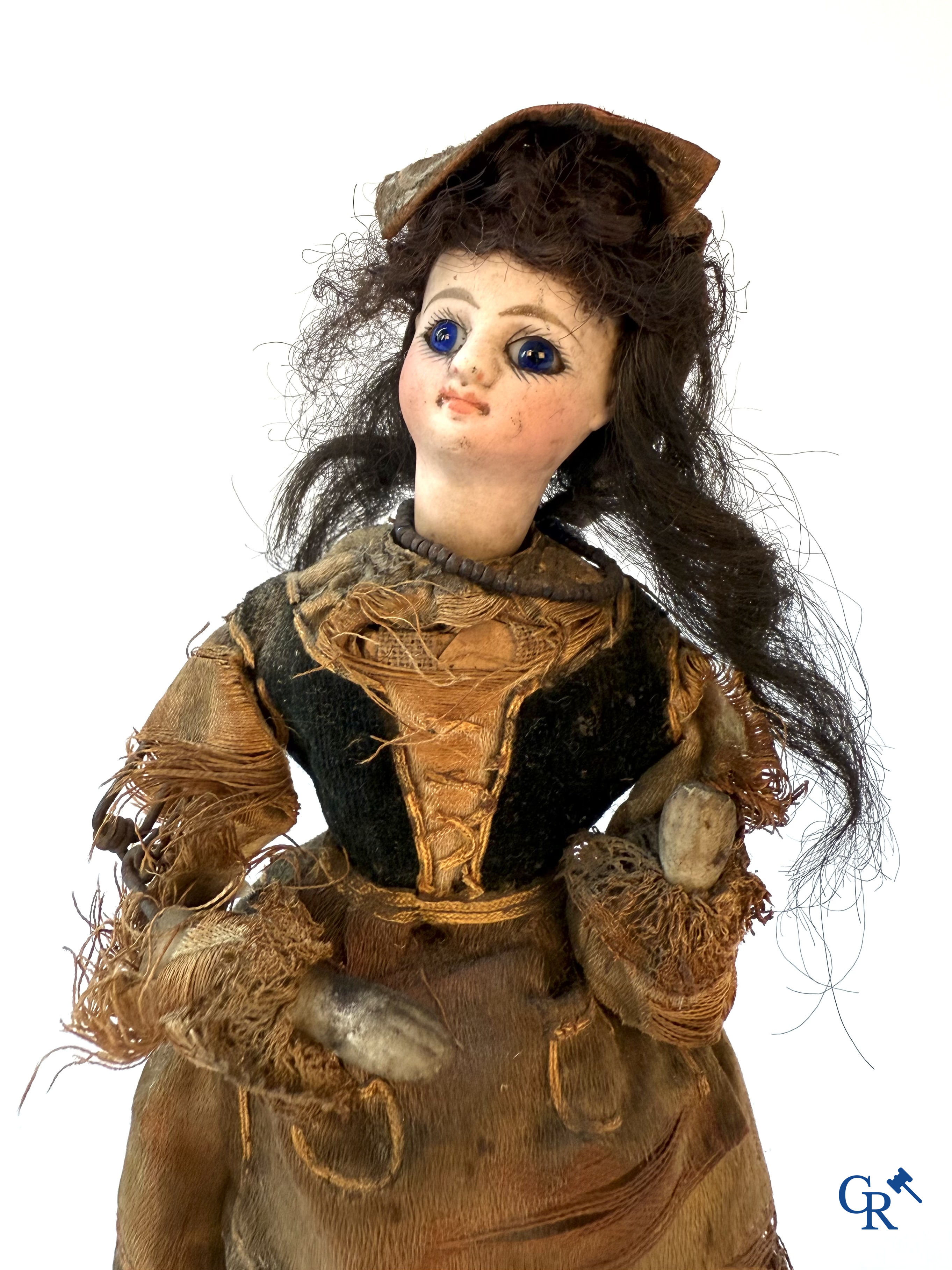 Old toys, automaton with music, doll with head in biscuit on painted music box, French work circa 1910.