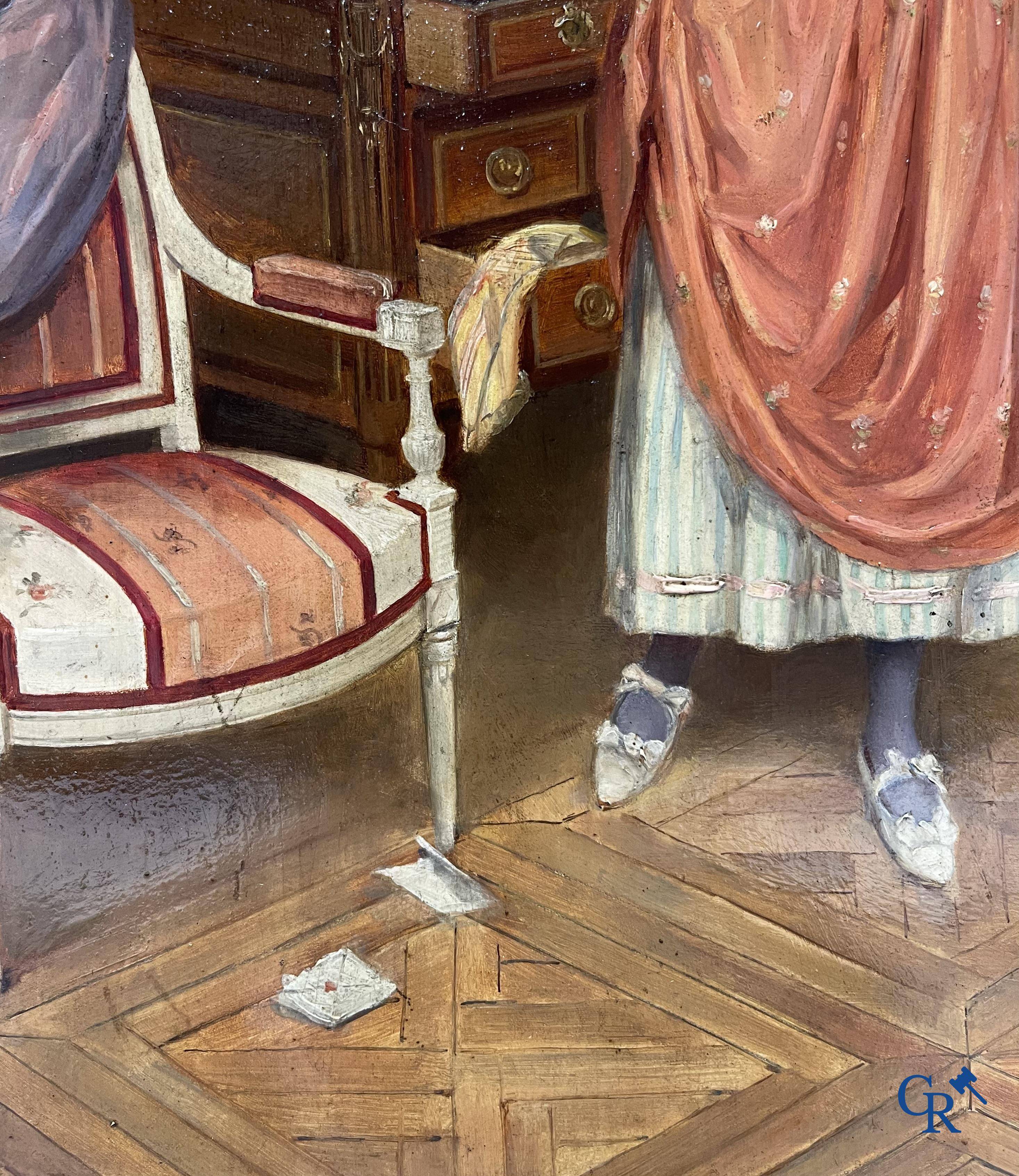 Eugène Benjamin Fichel (1826-1895) Romantic scene with beautiful gilded frame, oil on panel.