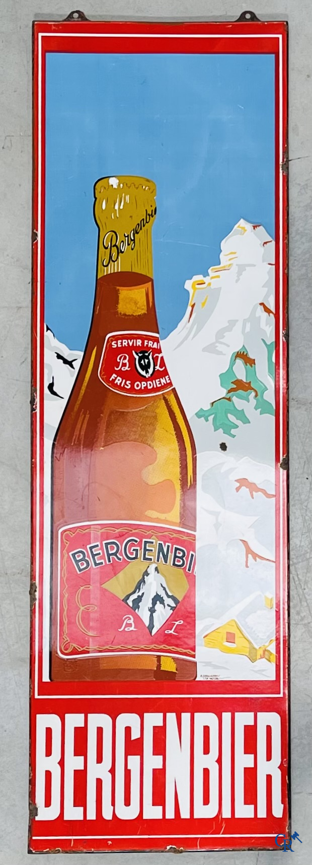 Bergenbier. Emaille reclamebord voor de luxepils "Bergenbier" van brouwerij Zeeberg te Aalst. Emaillerie Koekelberg '56.