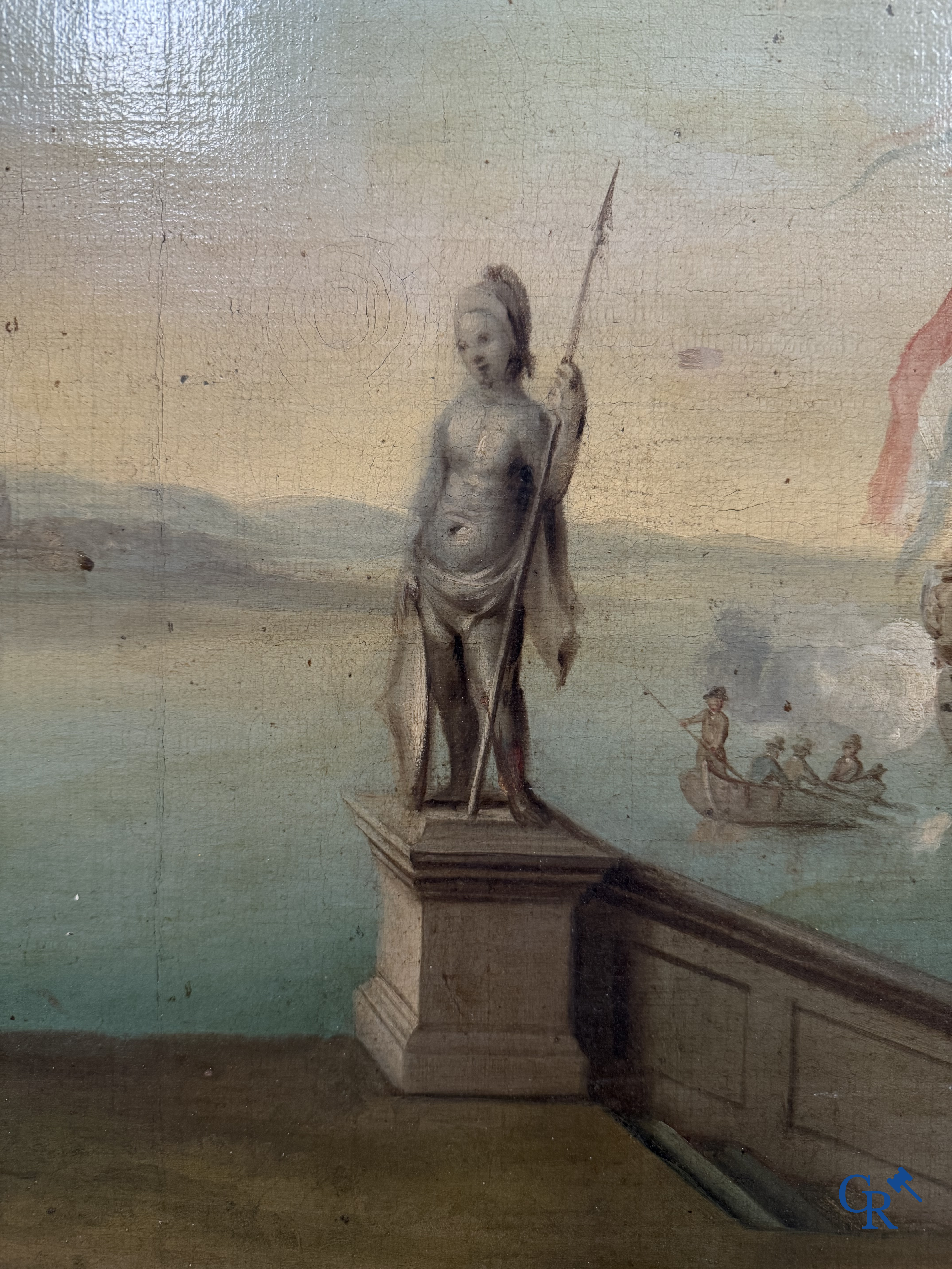 Painting. Harbour view with a Dutch flagship. Oil on canvas, 18th century.