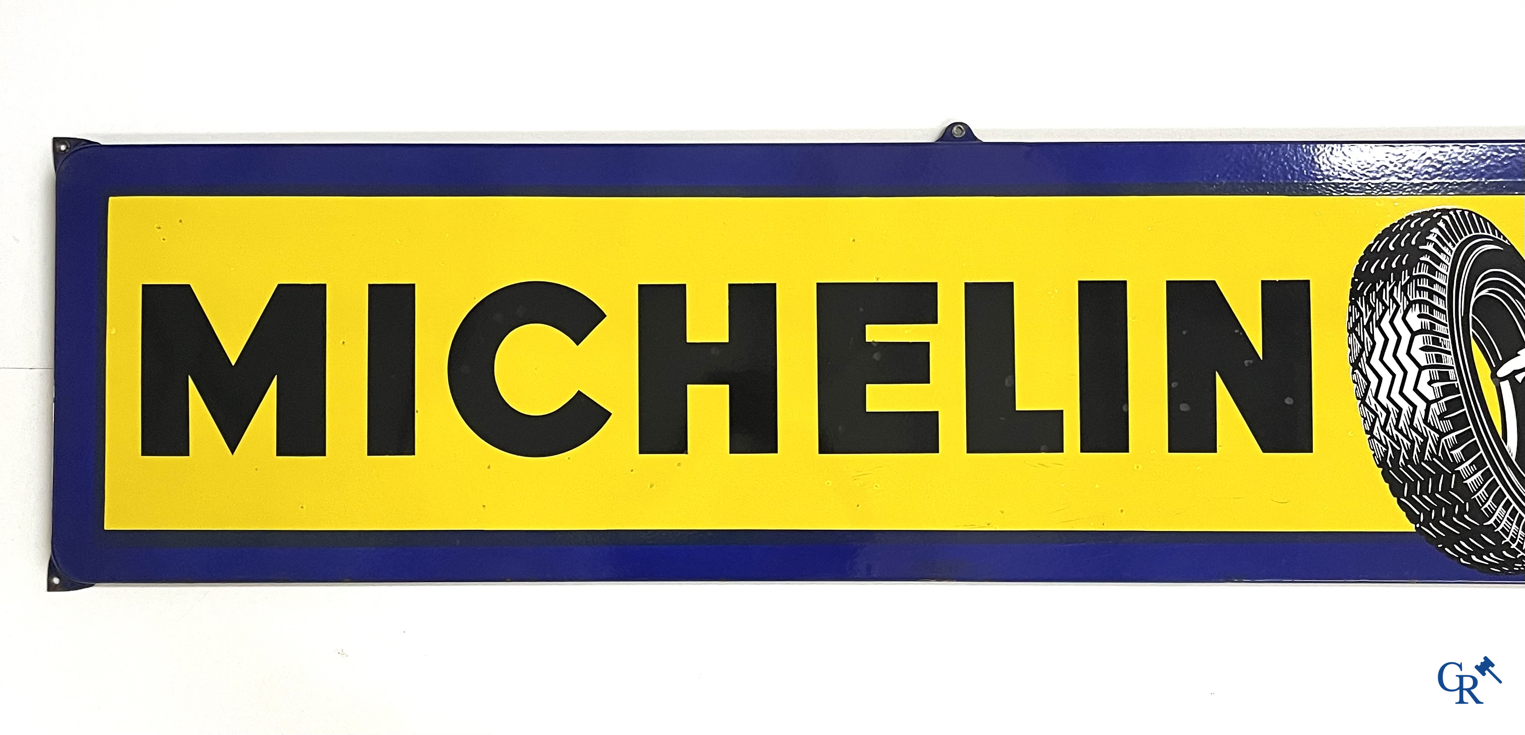 Michelin, large enamel advertising sign with yellow and blue background for Michelin tyres. Emaillerie Belge, 1958.