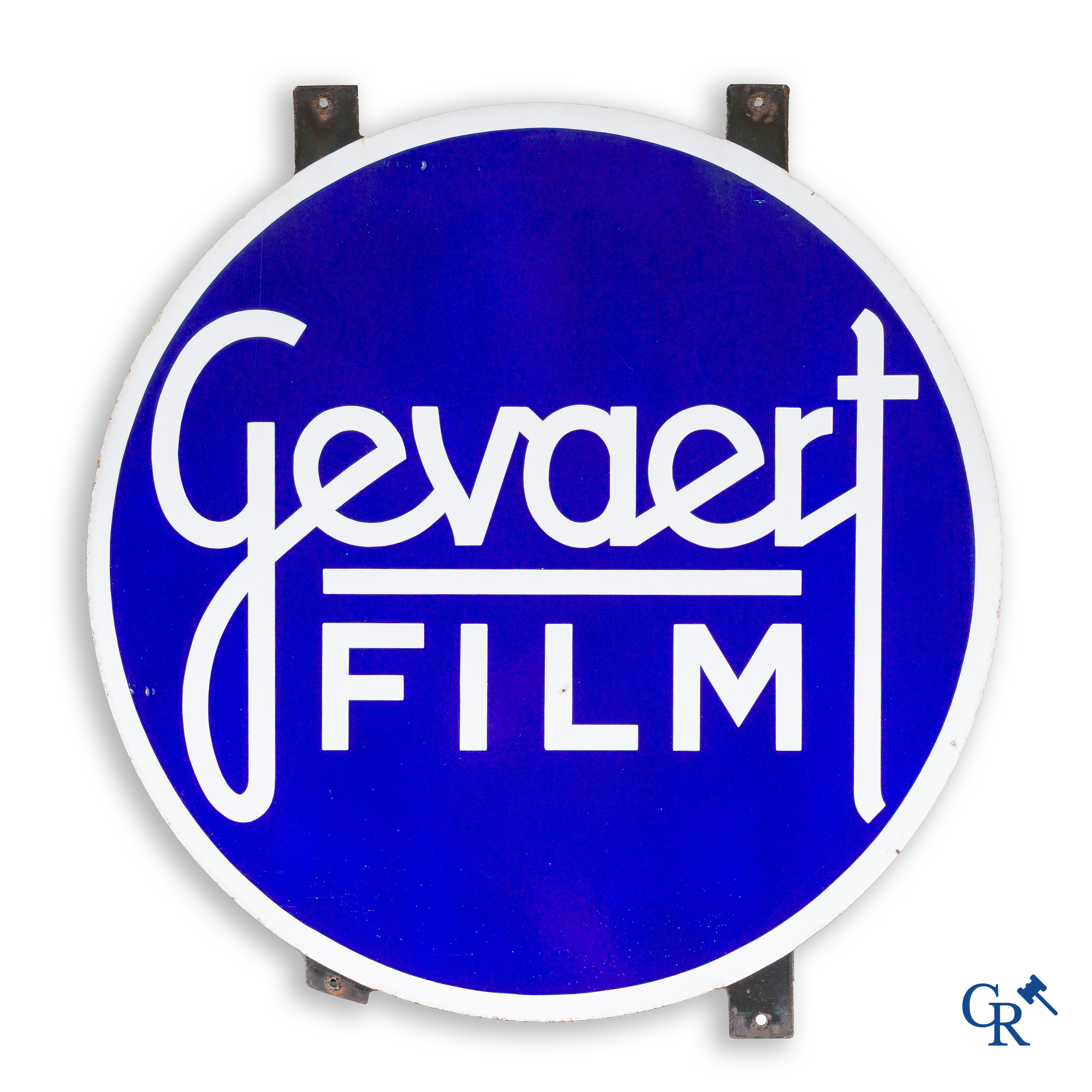 Gevaert film, dubbelzijdig emaille reclame bord. T.P. Bruxelles 1953.