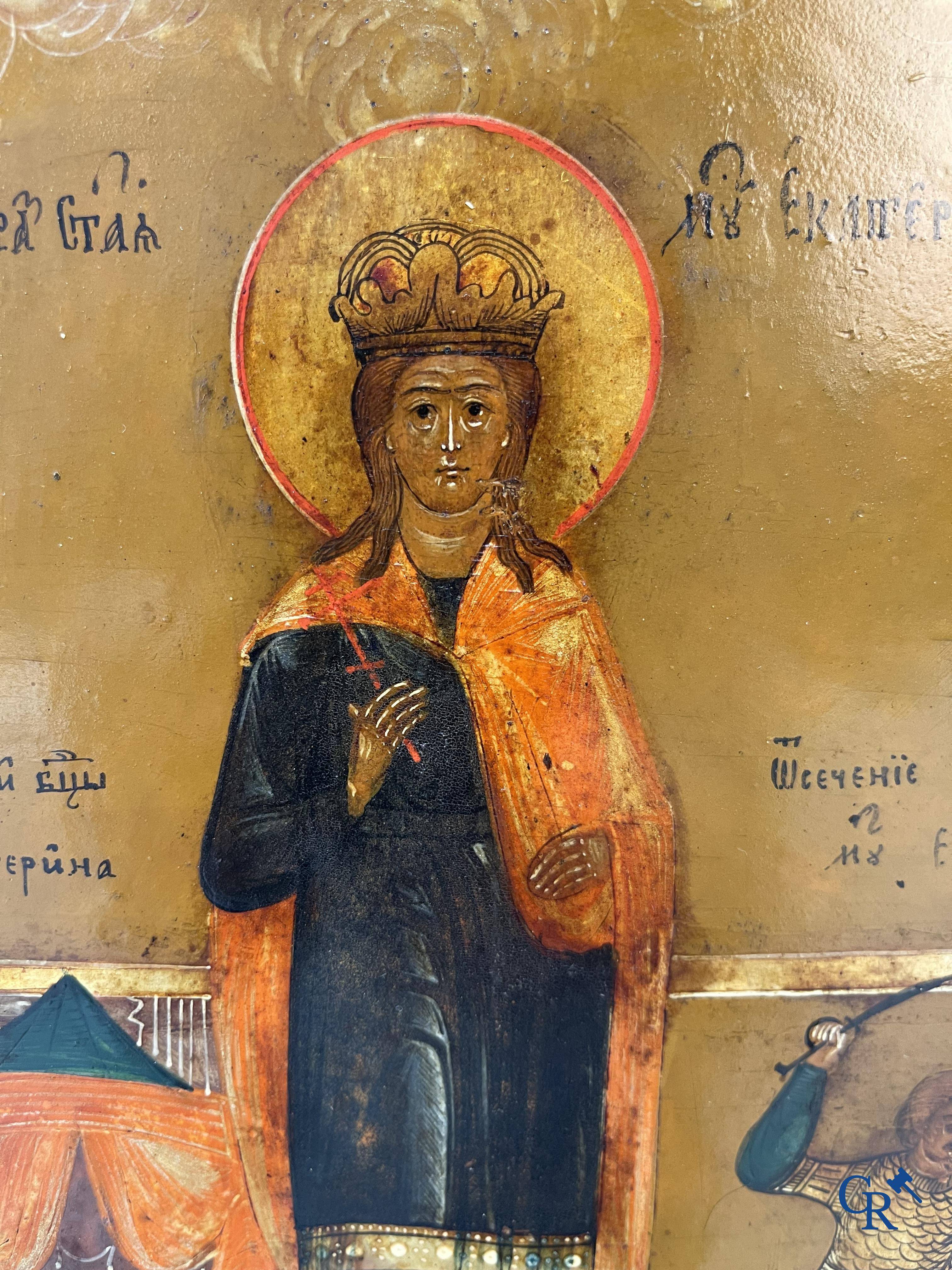 Icône avec des scènes de la vie de Sainte Catherine d'Alexandrie. 19ème siècle.