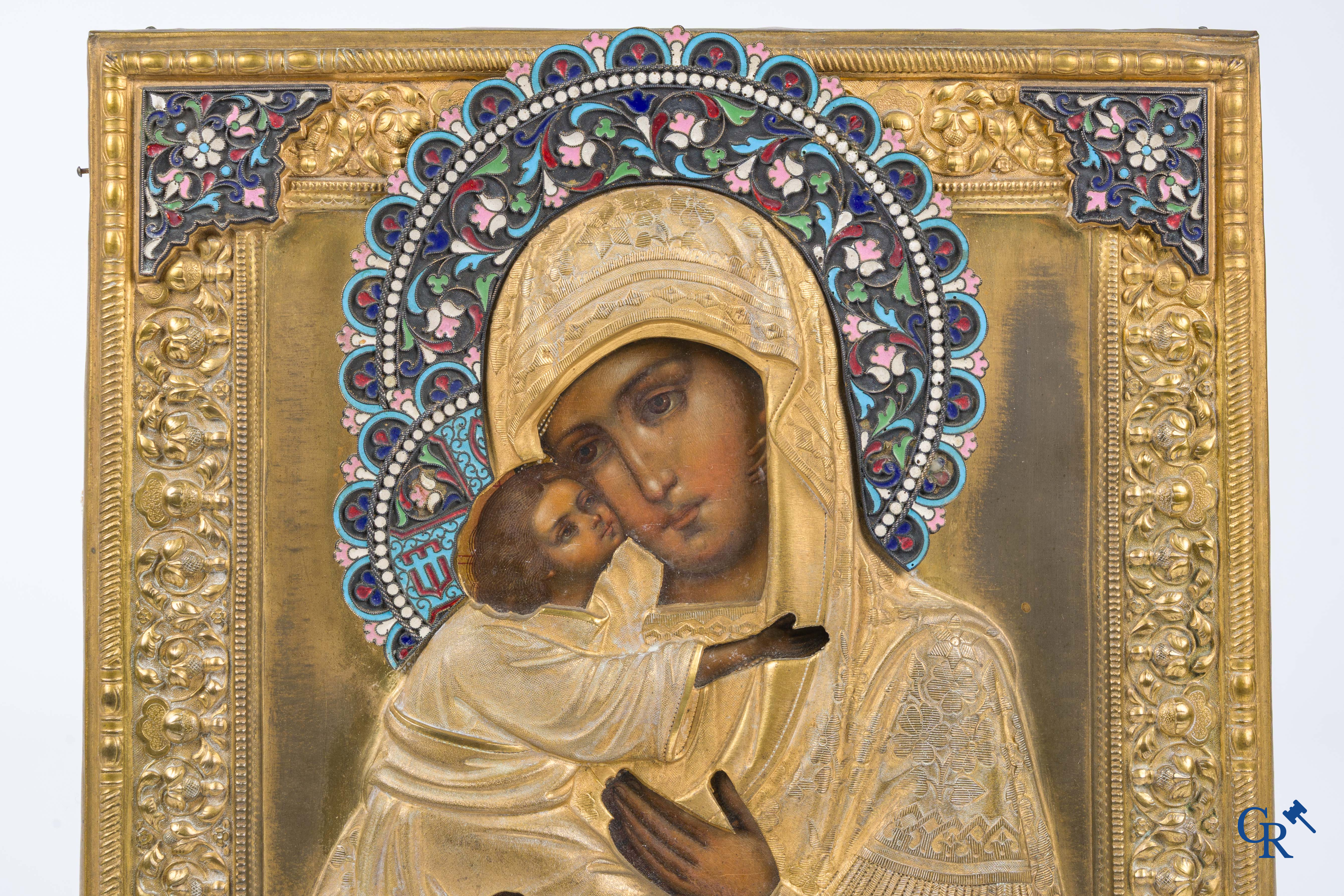 Russian work. Mother of God of Vladimir. Large icon decorated with cloisonné enamel.