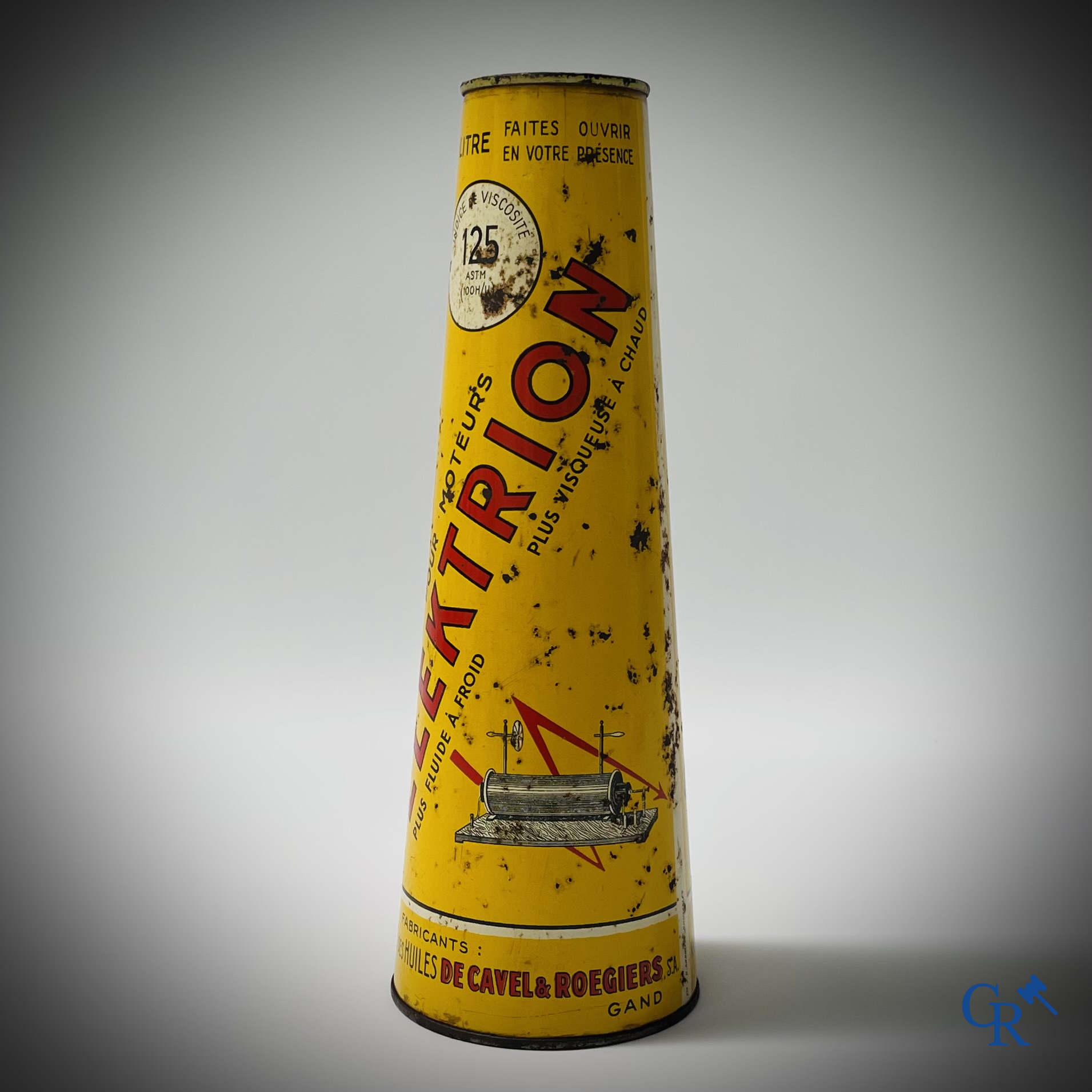 Elektrion, conisch olieblik 1 Liter. Société des Huiles De Cavel & Roegiers S.A. Gand. Ets. J.B. Gabriels Bruxelles.