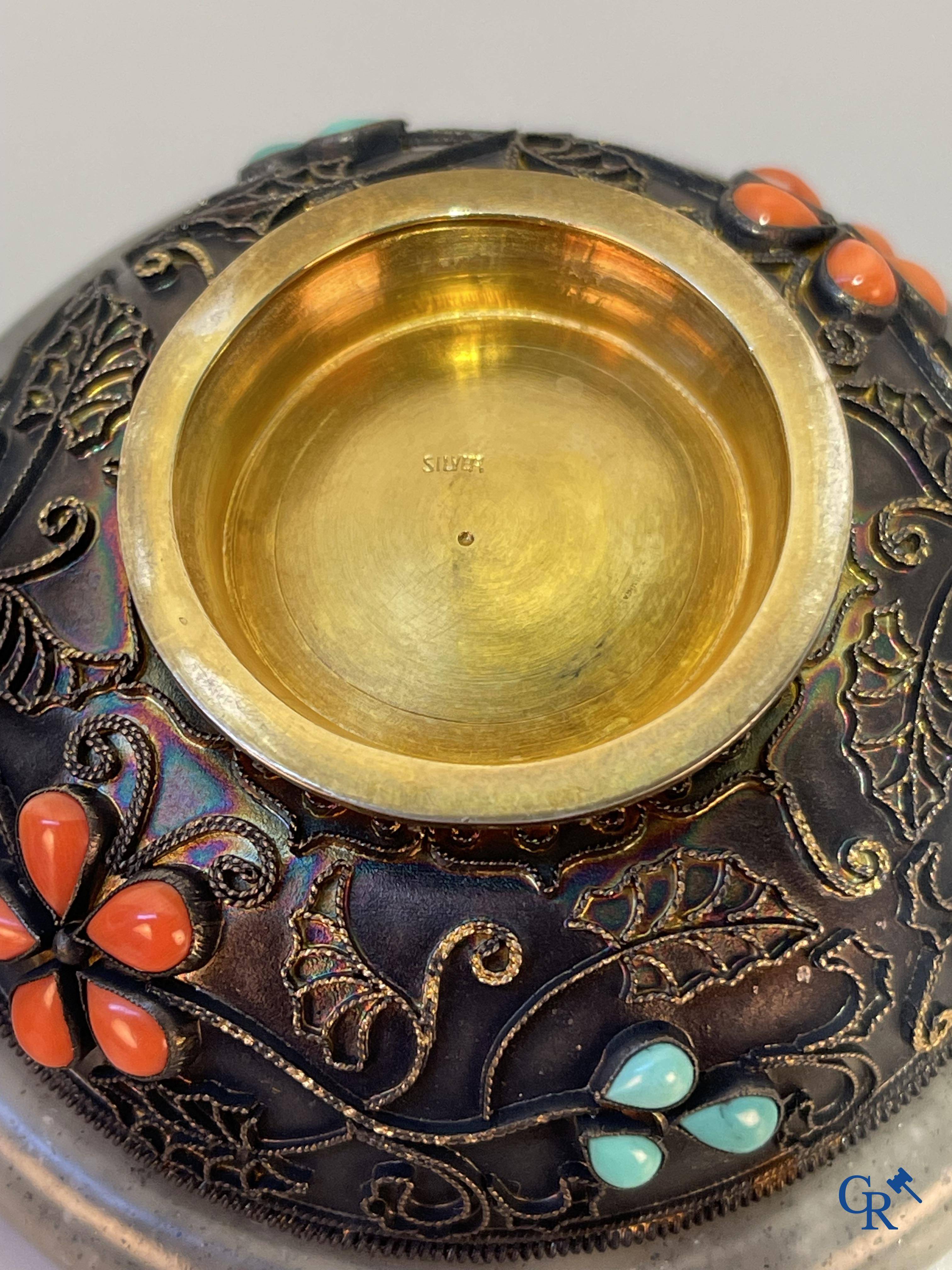 Asian Art, A lid bowl in silver and jade, inlaid with red coral and turquoise.