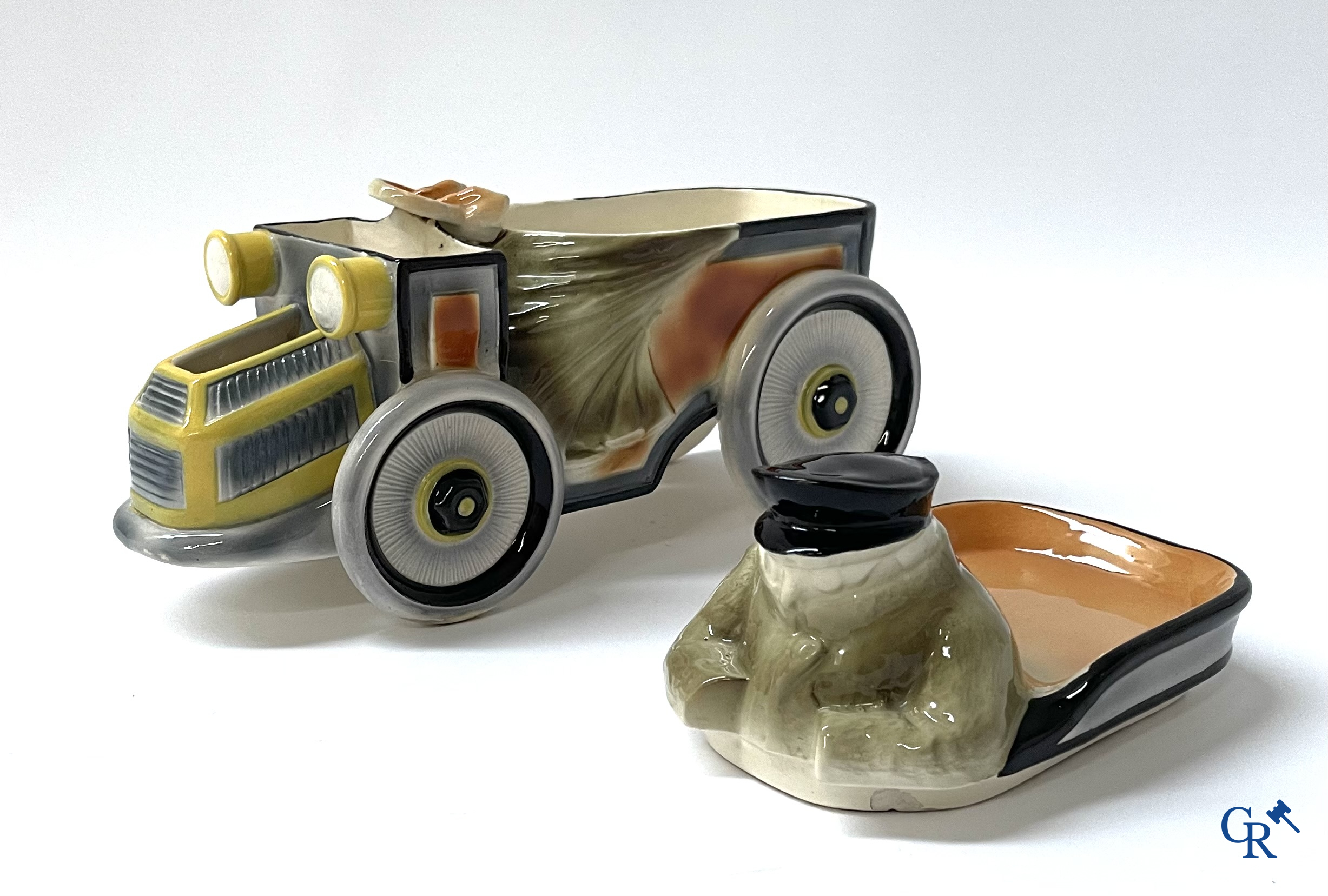 Faïencerie Fives Lille. L'Automobiliste, a large tobacco jar in the shape of a vintage car with a driver. Around 1910.