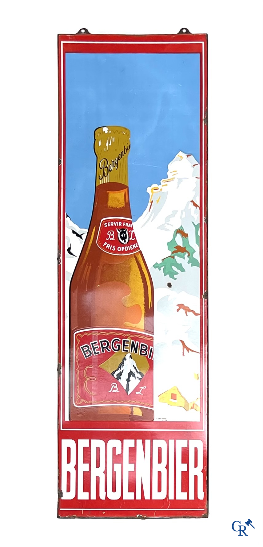Bergenbier. Emaille reclamebord voor de luxepils "Bergenbier" van brouwerij Zeeberg te Aalst. Emaillerie Koekelberg '56.