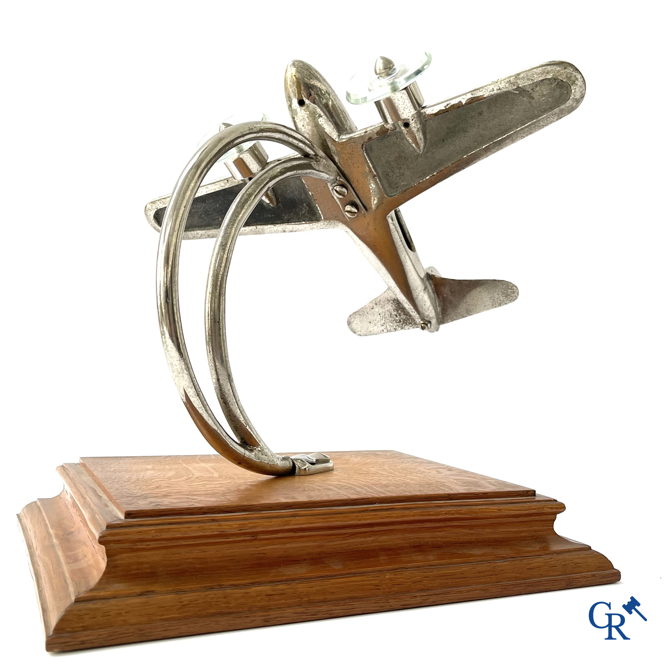 Art Deco, a large model of an aircraft taking off in chrome-plated bronze and glass propellers. 1930's.