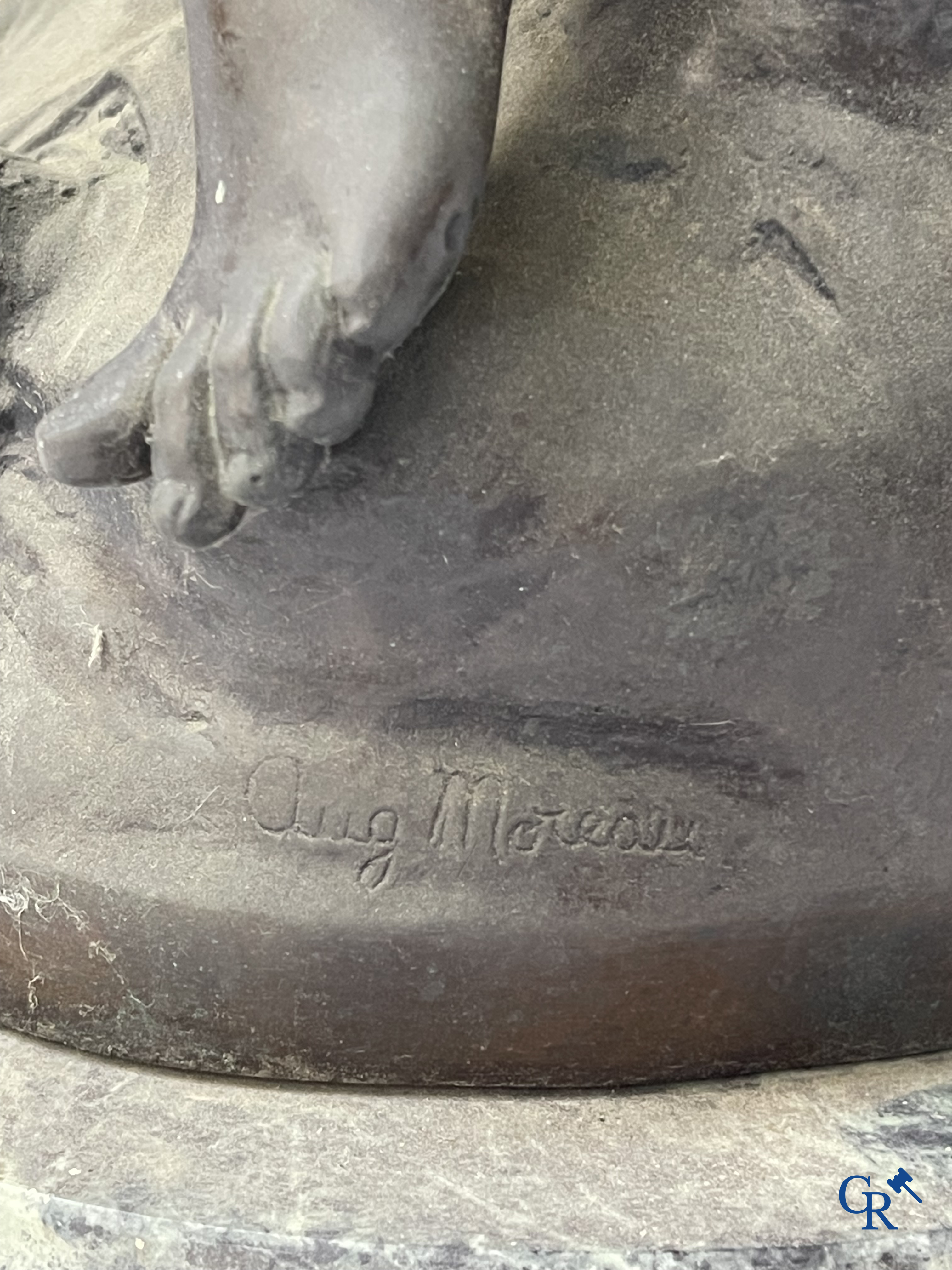 Auguste Moreau (after) Bronze statue on a green marble base. Posthumous. 20th century.