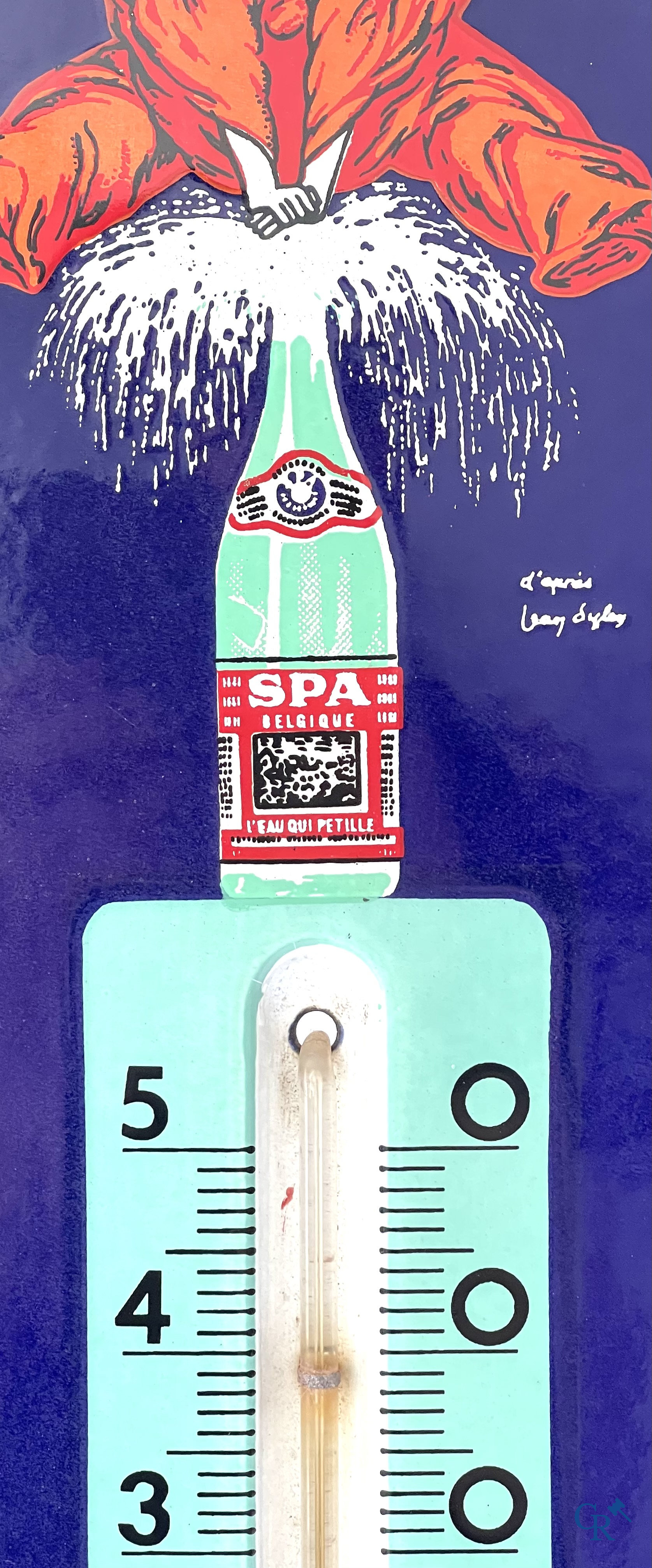 Spa, een emaille reclamebord met ingewerkte thermometer voor Spa water, ontwerp van Jean D'Ylen. Artemail 1961.