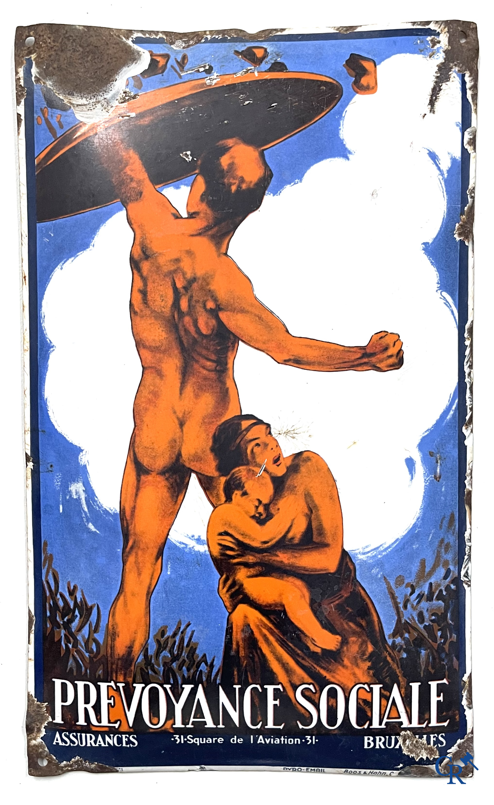 Prevoyance Sociale, enamel sign for Social Security insurances. Pyro-email Boos & Hahn. 1930's.
