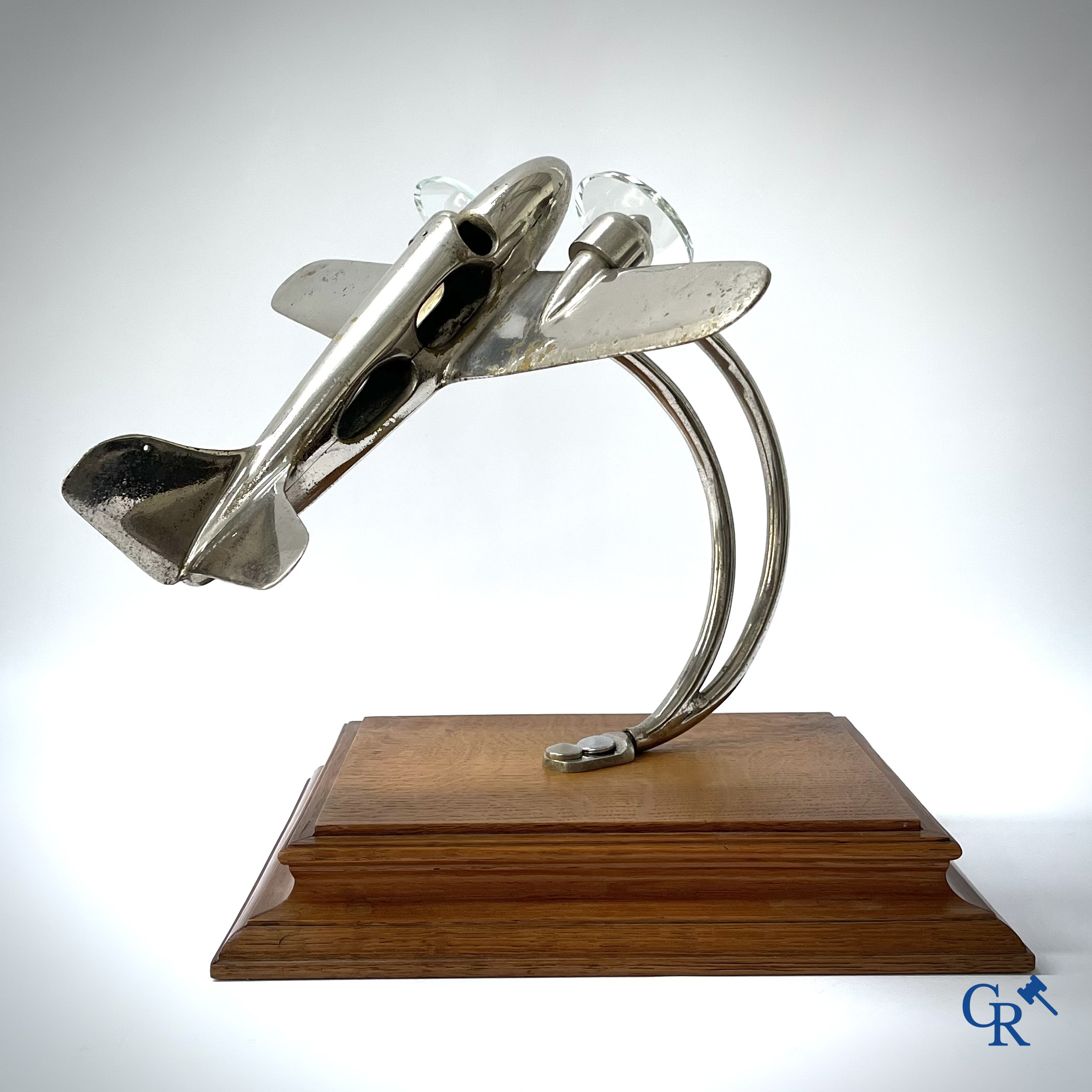 Art Deco, a large model of an aircraft taking off in chrome-plated bronze and glass propellers. 1930's.