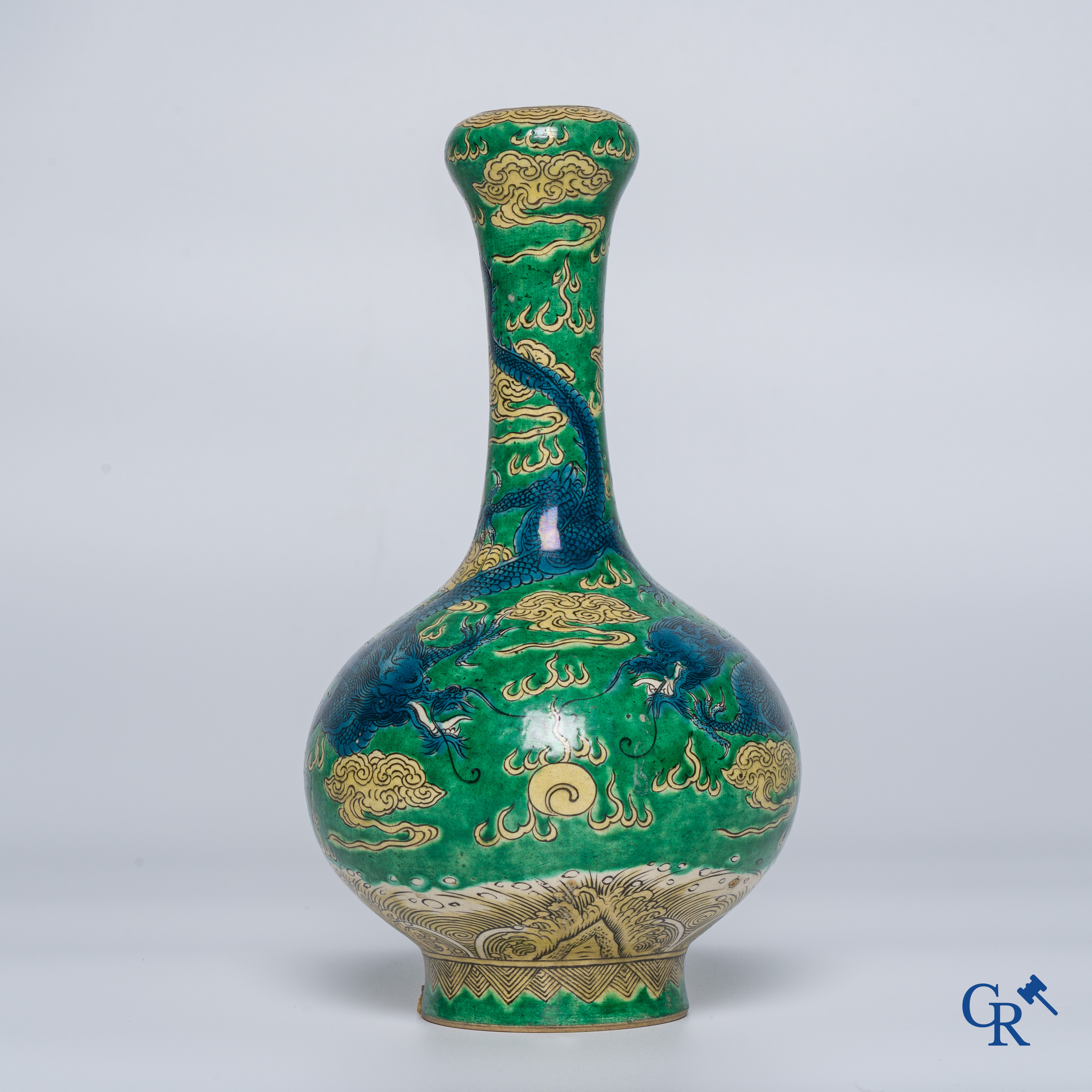 Asian Art, A fine Chinese green and yellow biscuit vase with dragon decor. Marked.