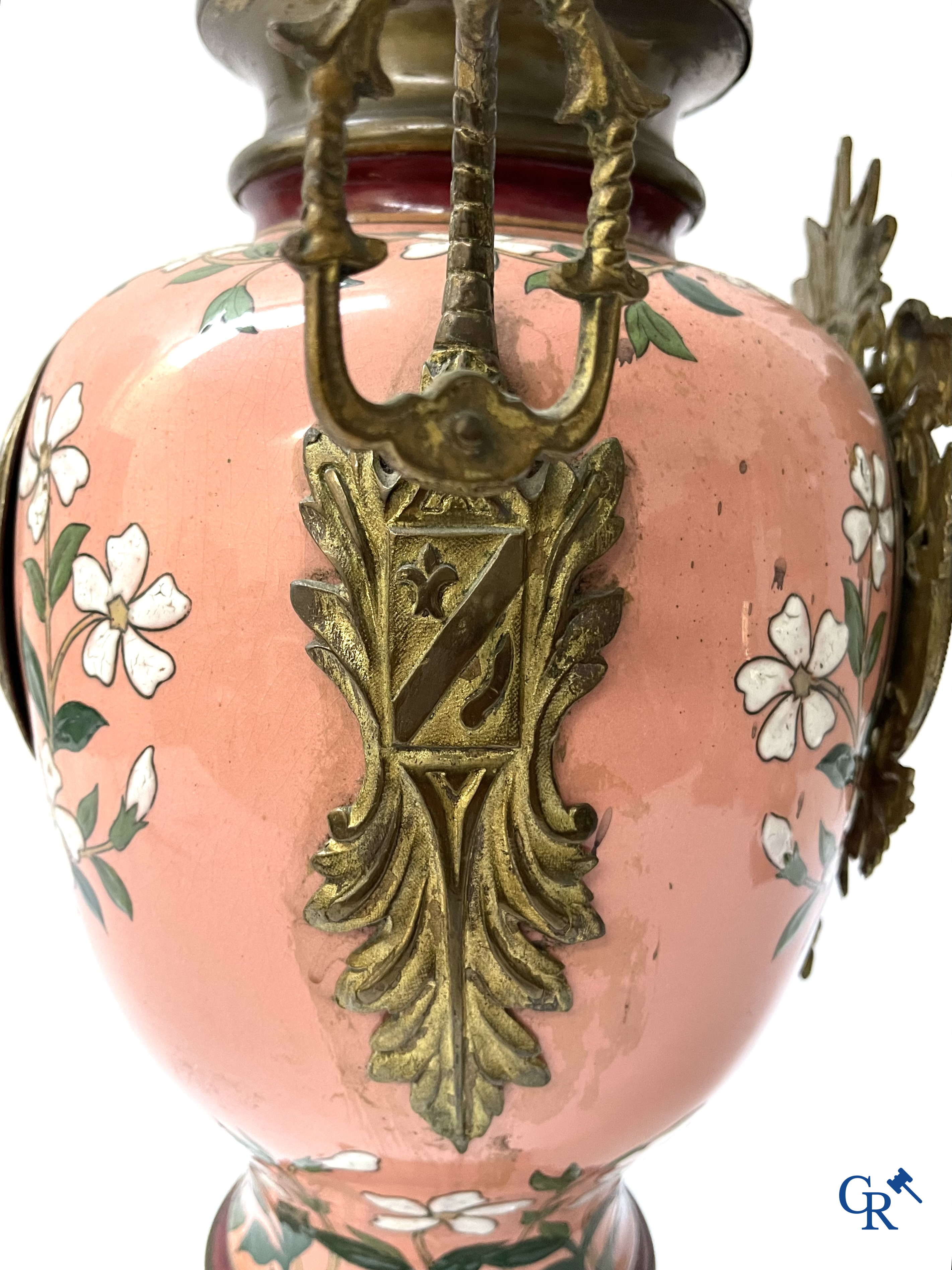 A large 3-piece fireplace set in enamelled faience and bronze. Art Nouveau. Circa 1900.