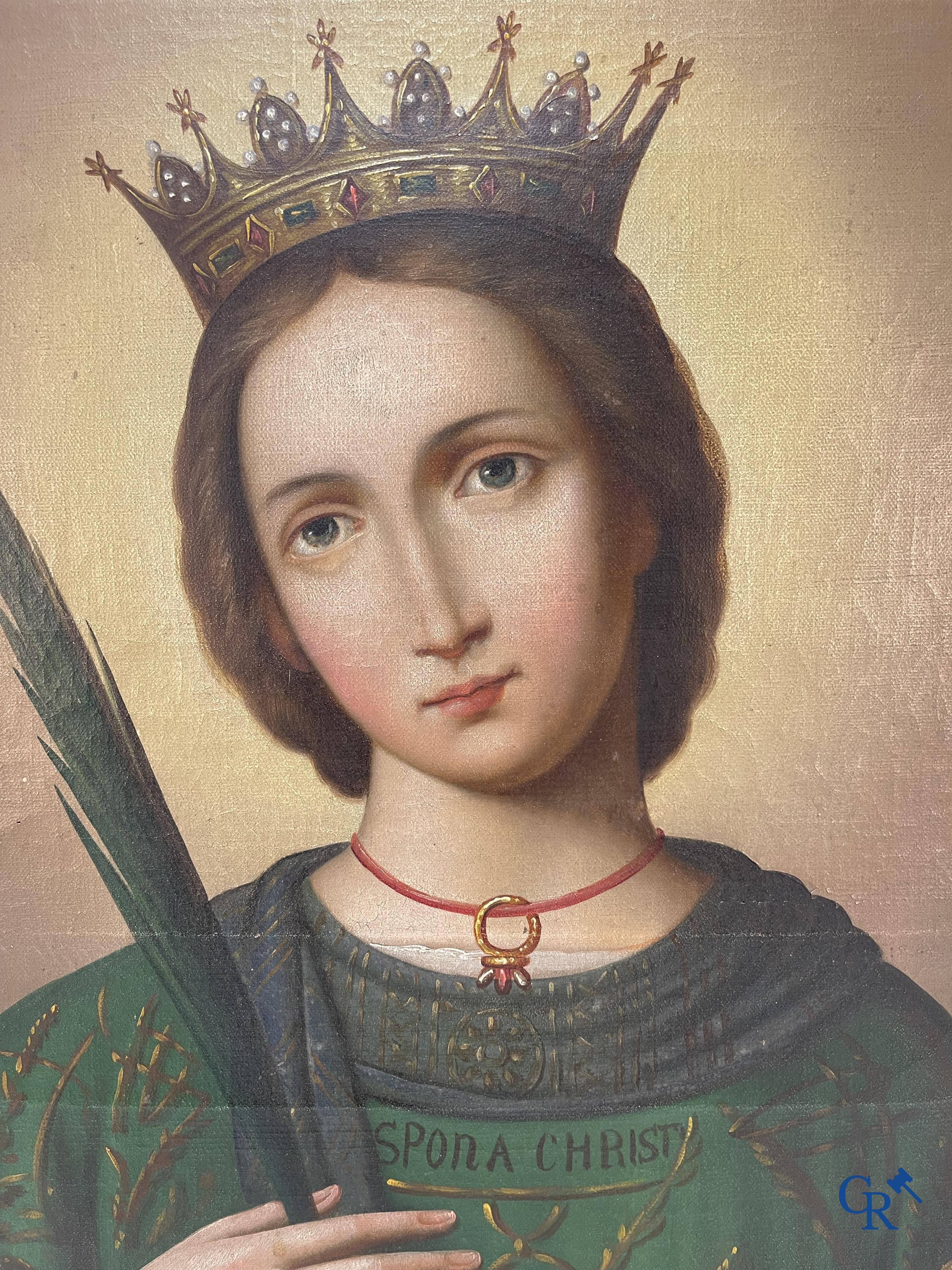 Beautiful painting of Catherine of Alexandria with sword and palm branch in neo Gothic style. Oil on canvas. 19th century.