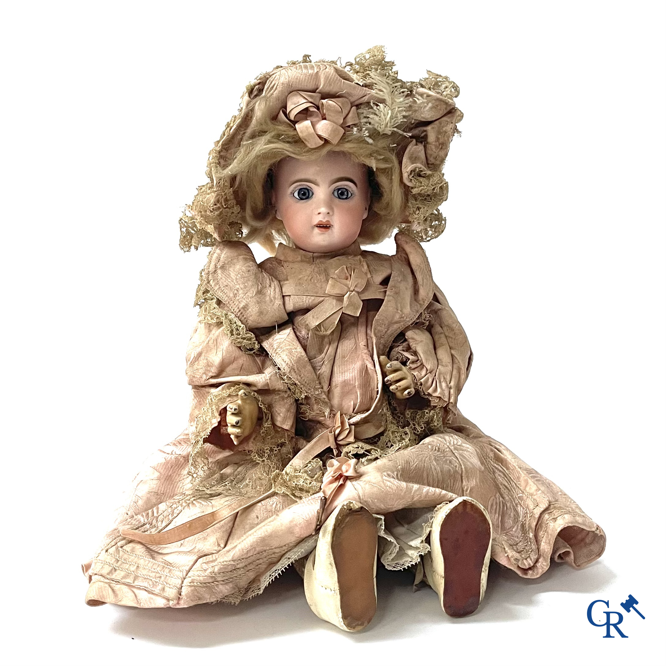 Old toys. Jumeau doll with porcelain head. Numbered 8, original clothing and shoes.