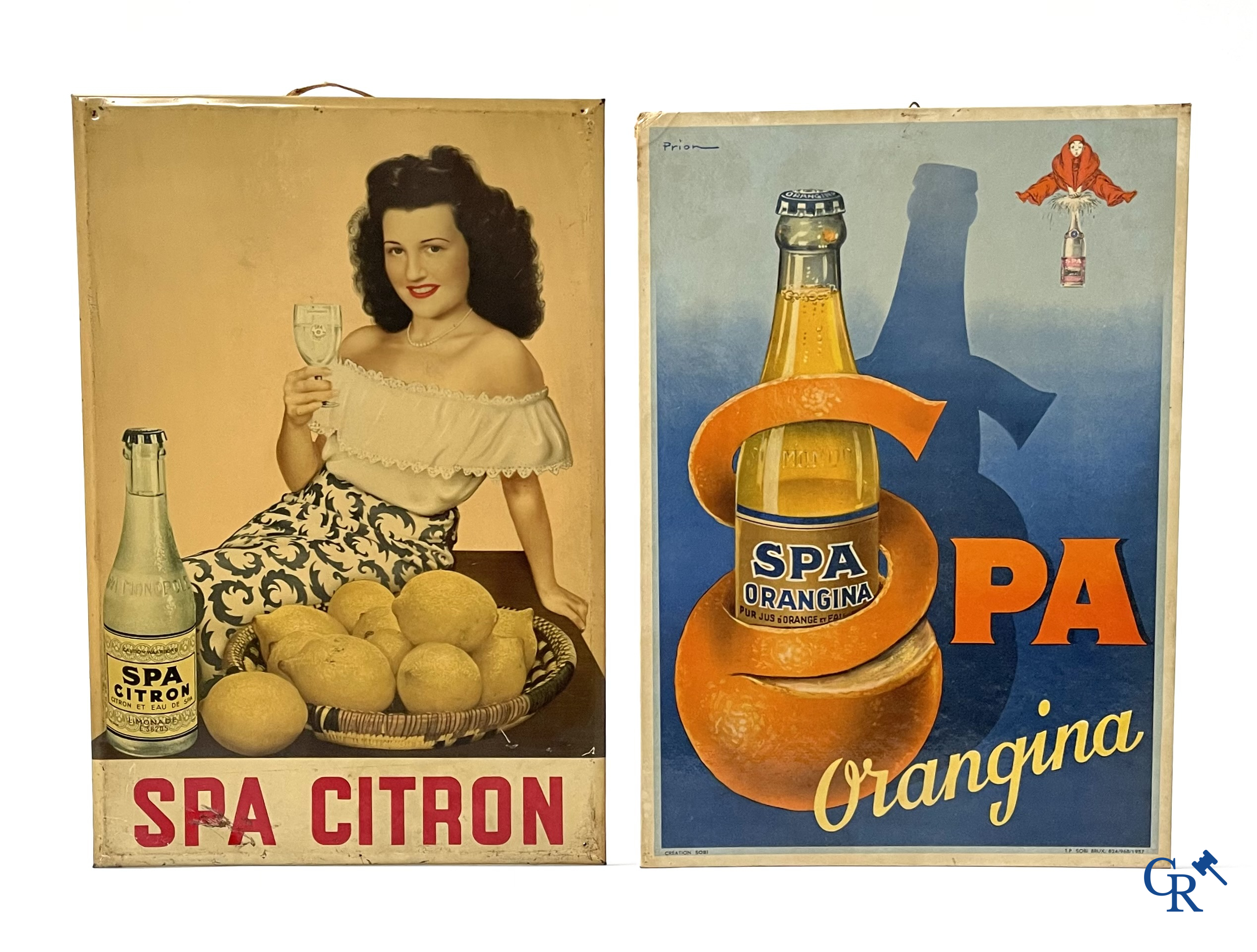 Spa, a publicity printed on metal for Spa Citron and a lithograph on cardboard for Spa Orangina. 1950's.