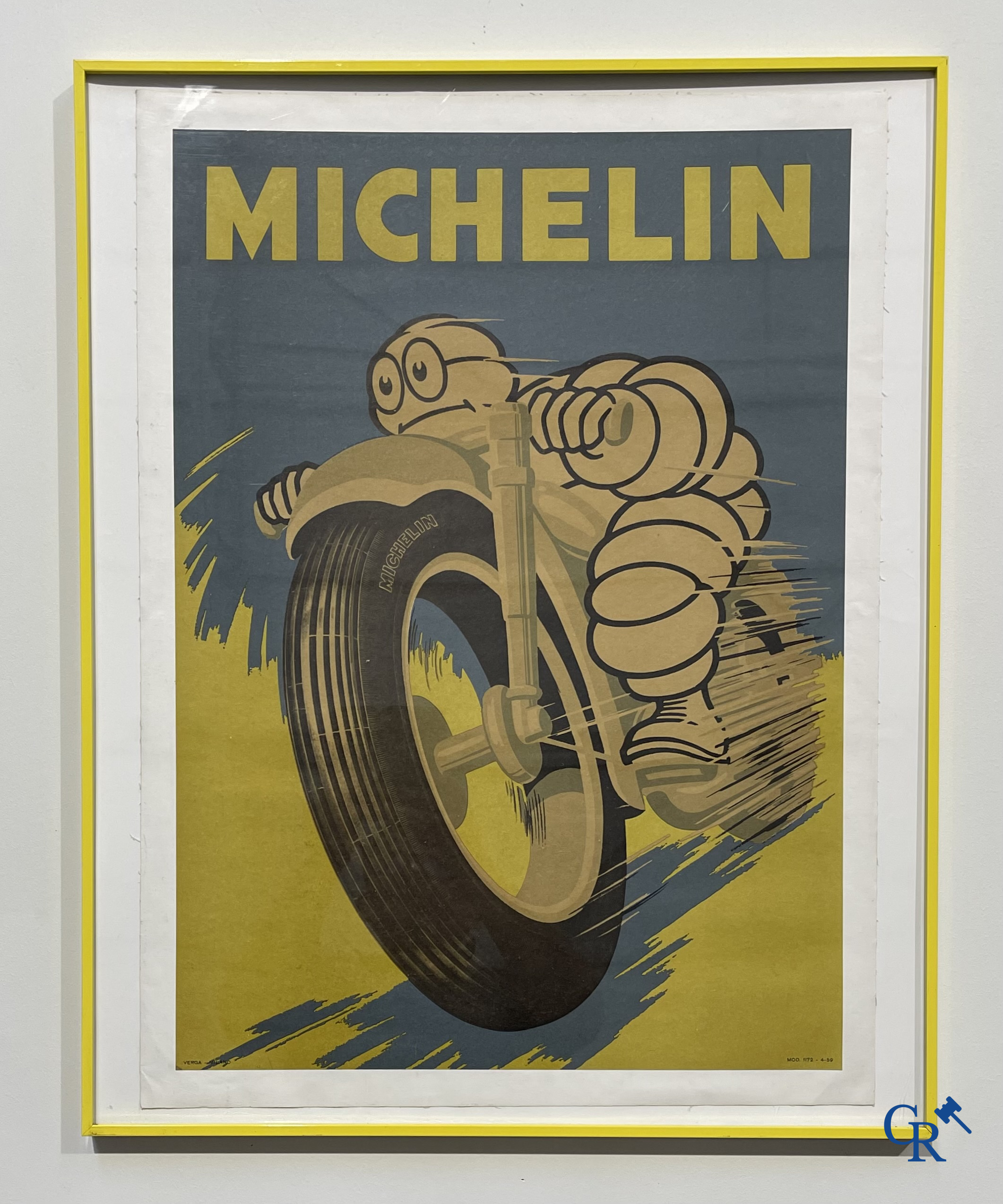 Michelin, original poster for Michelin motorcycle tyres, in aluminium frame. Verga-Milano 1959.