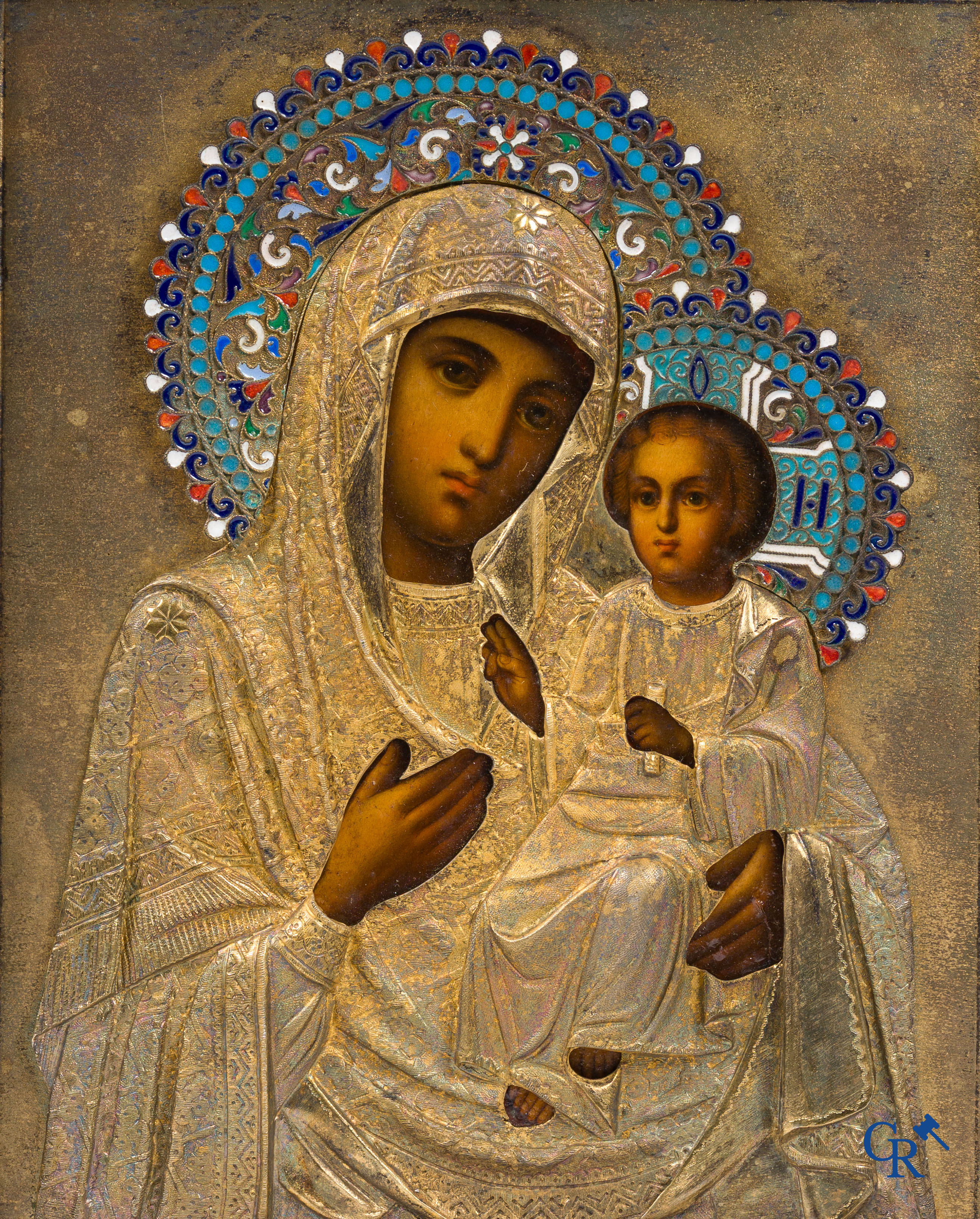 Icons, a pair of Russian enamelled icons in a wooden frame. Hall marks.