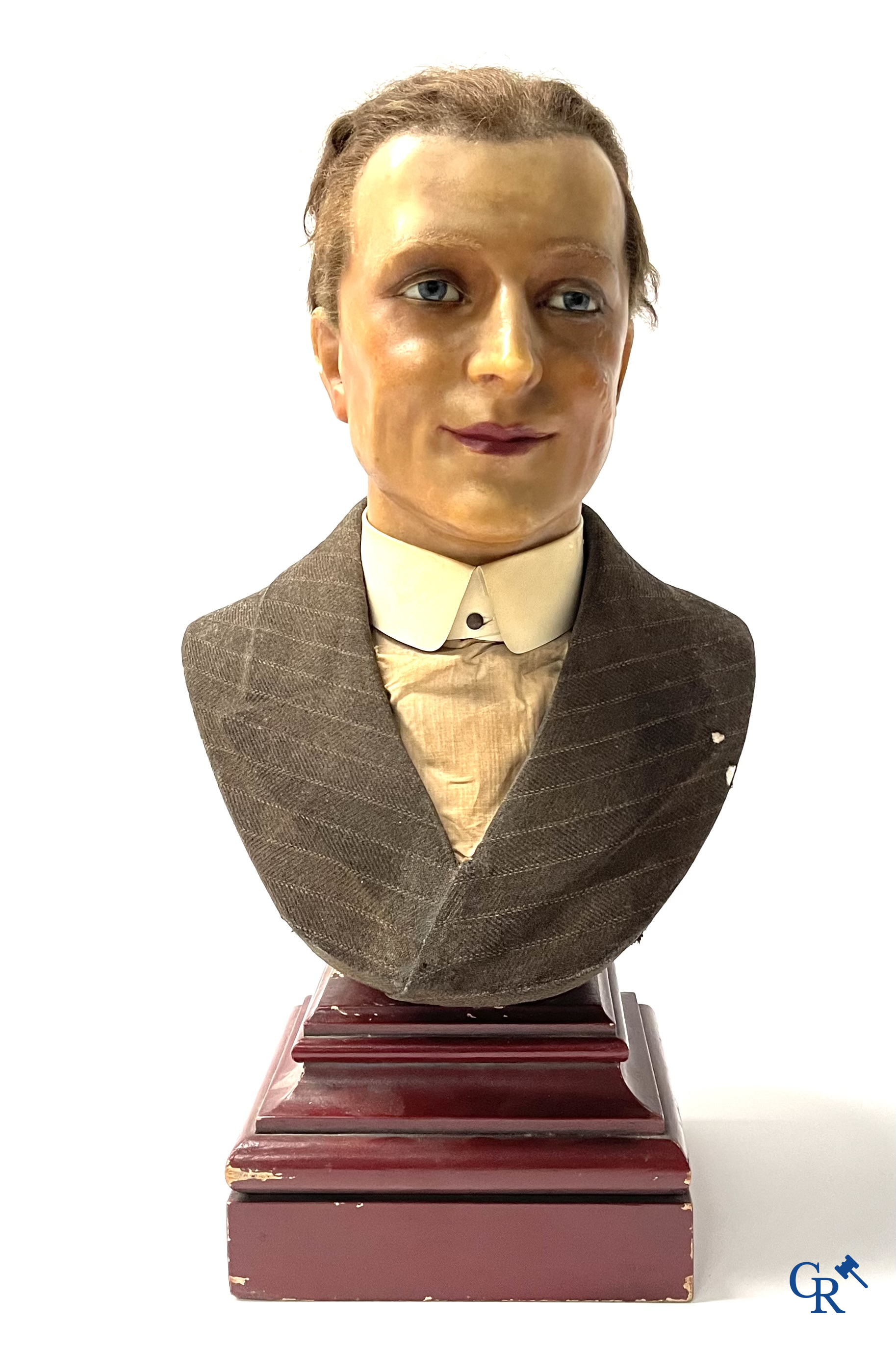Un buste d'homme en cire pour un magasin de chapeaux. Signé Cires Belges, Frans Pierez(?) Bruxelles, vers 1920.
